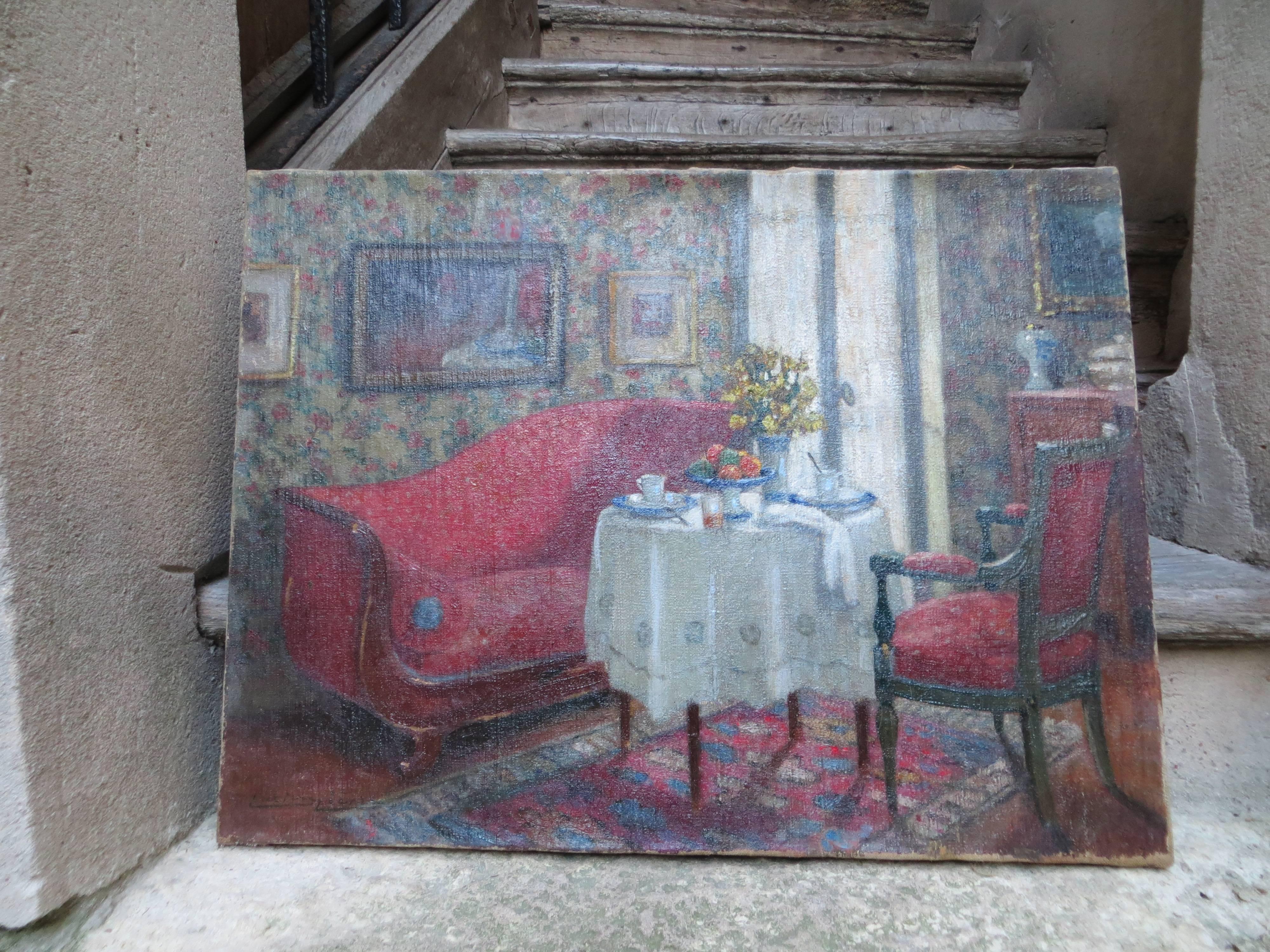 Parisian Interior - Post-Impressionist Painting by Lucien Lievre