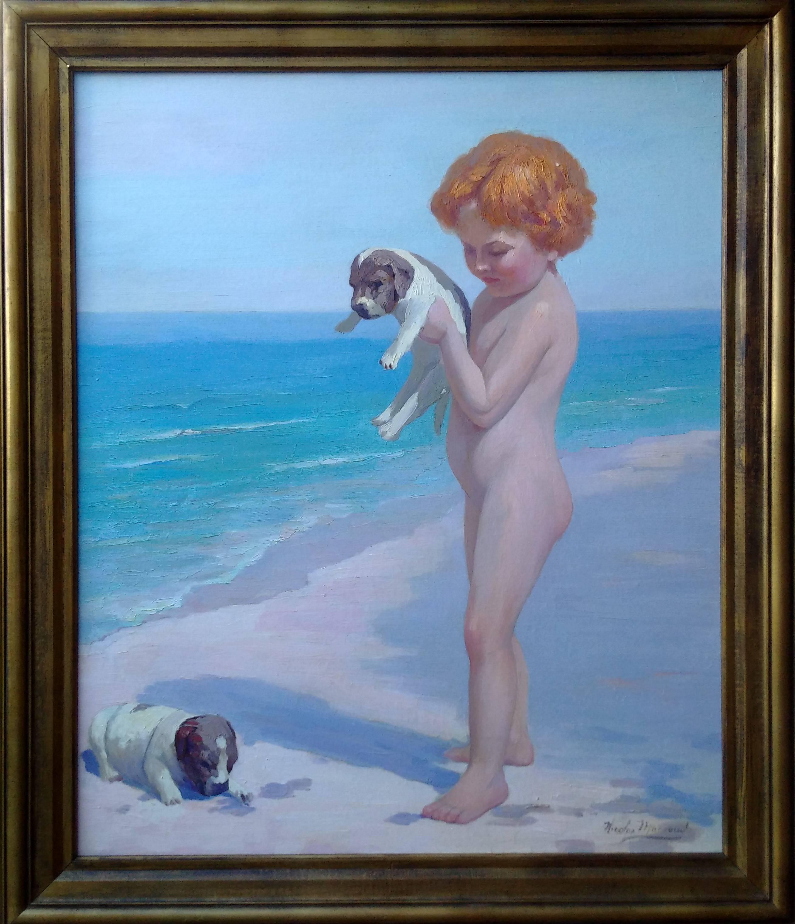 Nicholas Saleem Macsoud Portrait Painting - Child and Baby Dogs on the Beach by Nicolas-Saleem Macsoud