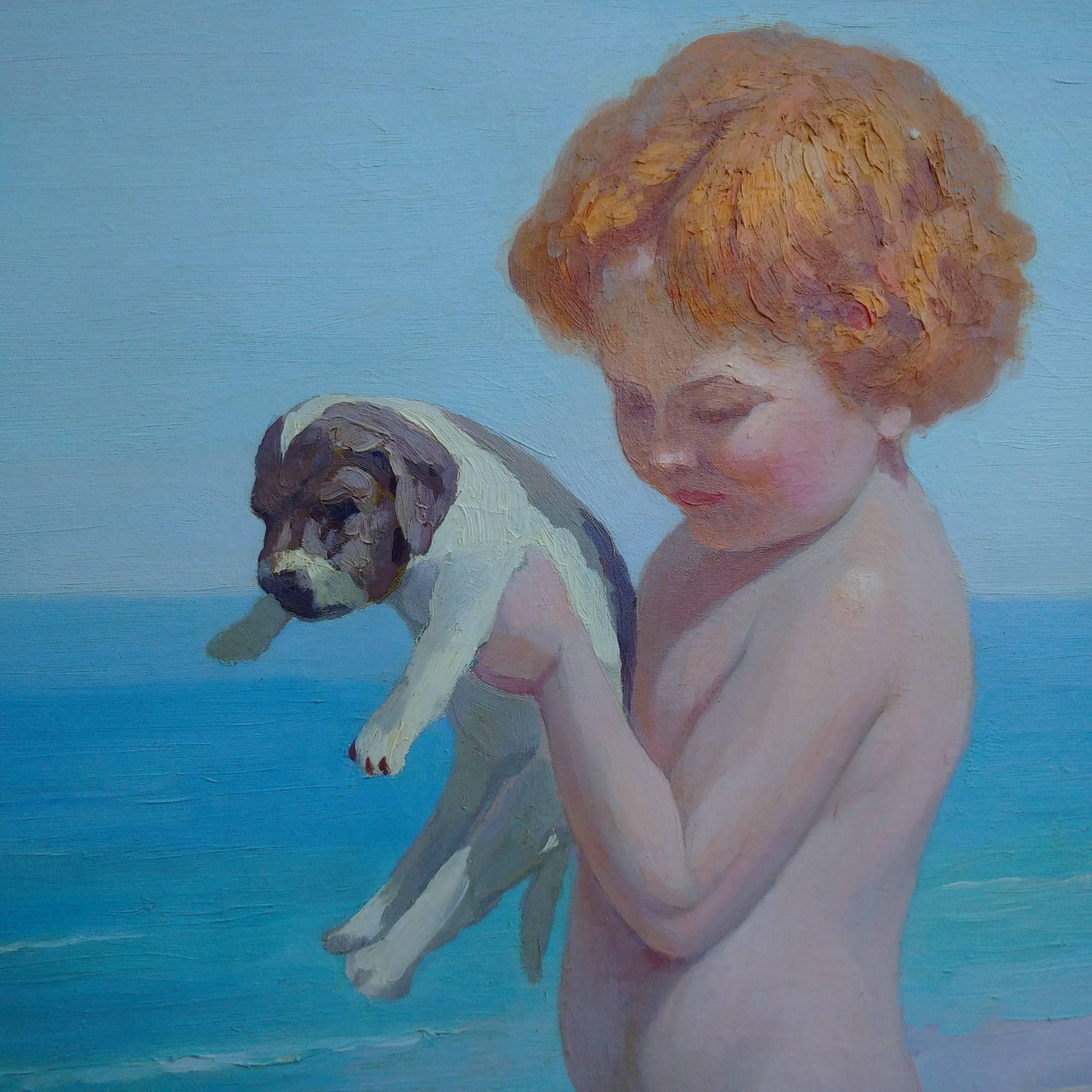 Child and Baby Dogs on the Beach by Nicolas-Saleem Macsoud - Painting by Nicholas Saleem Macsoud