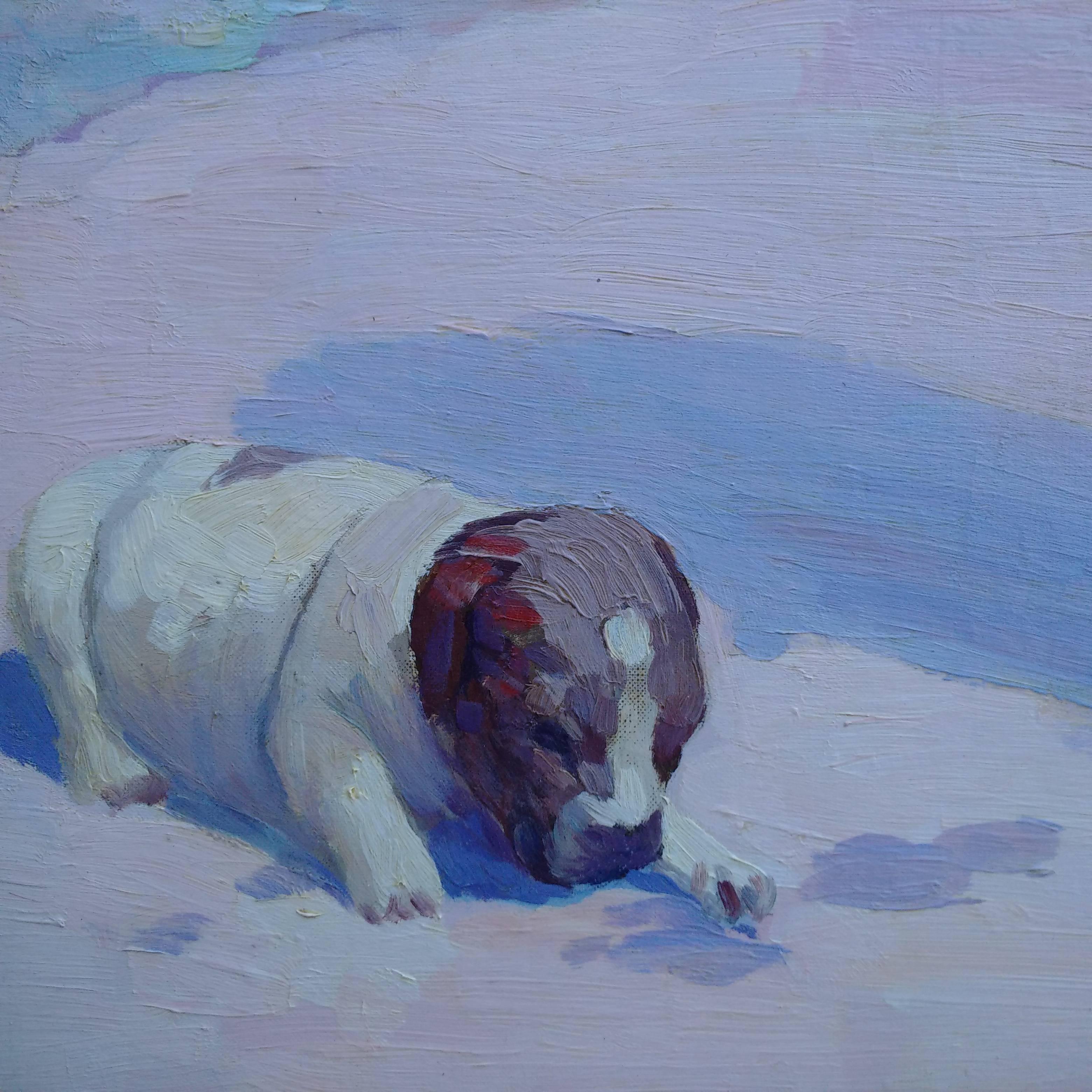Child and Baby Dogs on the Beach (Enfant et bébé chiens à la plage), Nicolas-Saleem Macsoud - Impressionnisme américain Painting par Nicholas Saleem Macsoud