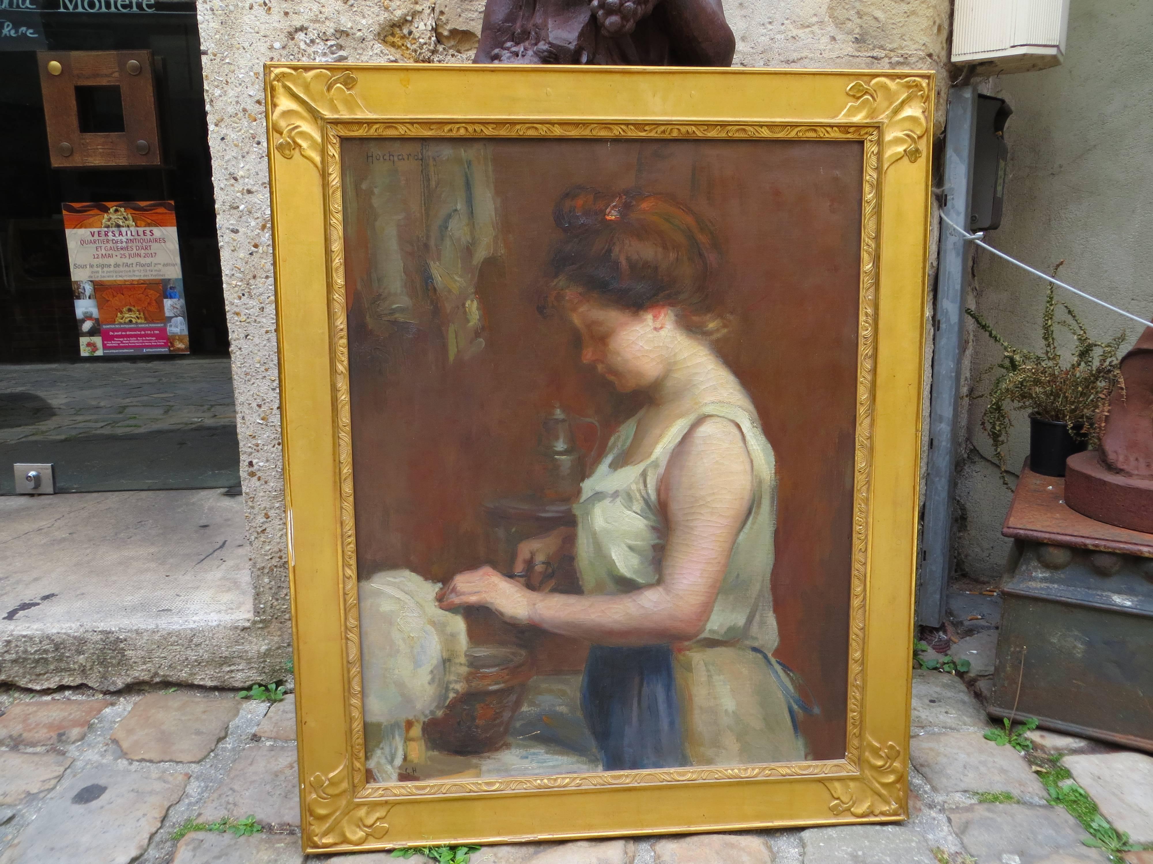 The Lacemaker - Brown Figurative Painting by Gaston Hochard