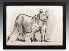 Vintage Lioness Fusain Drawing by Jean Poulain
