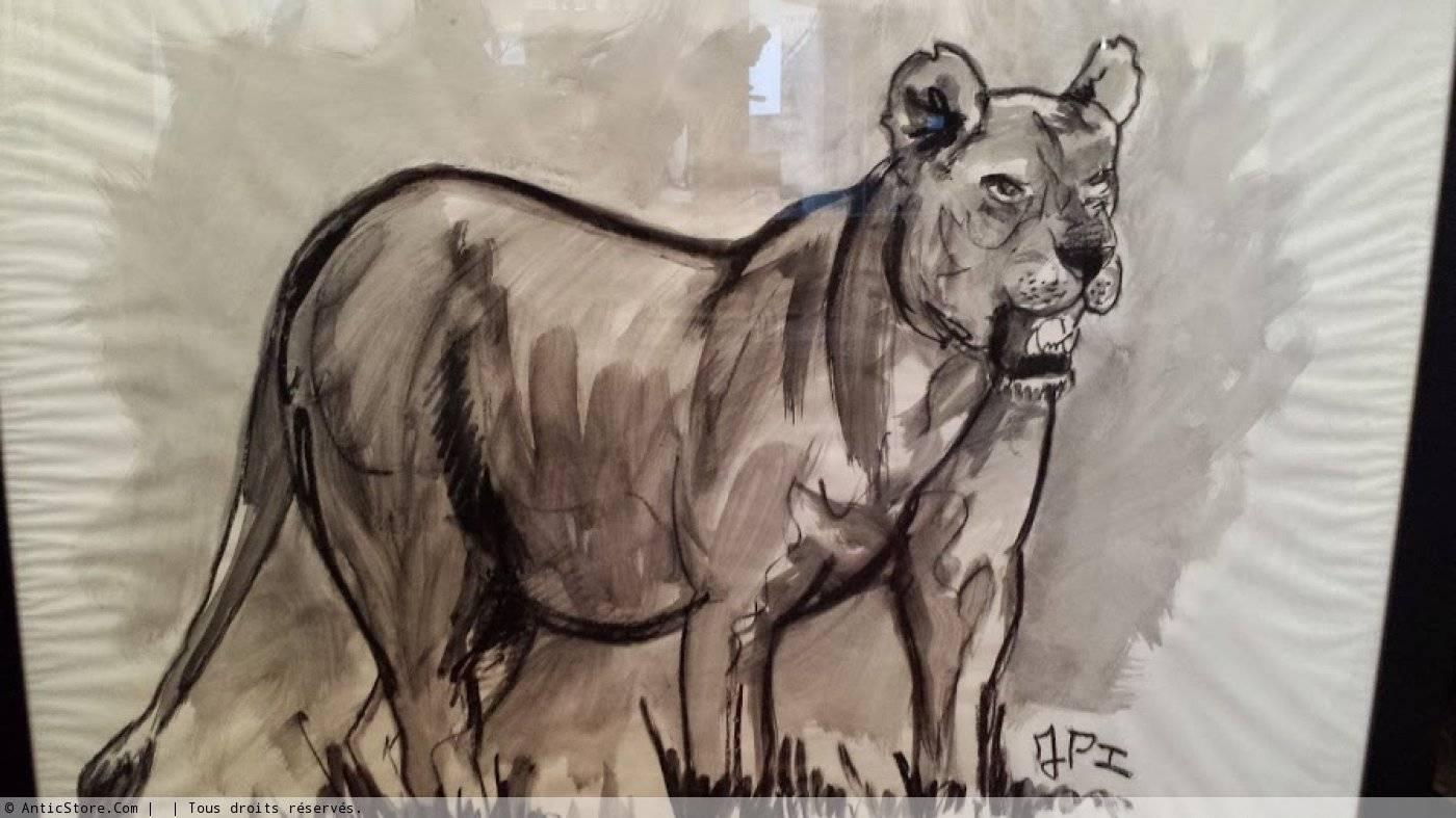 Lioness Fusain Zeichnung von Jean Poulain im Angebot 1