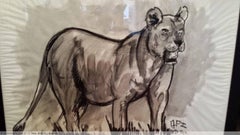 Lioness Fusain Drawing by Jean Poulain