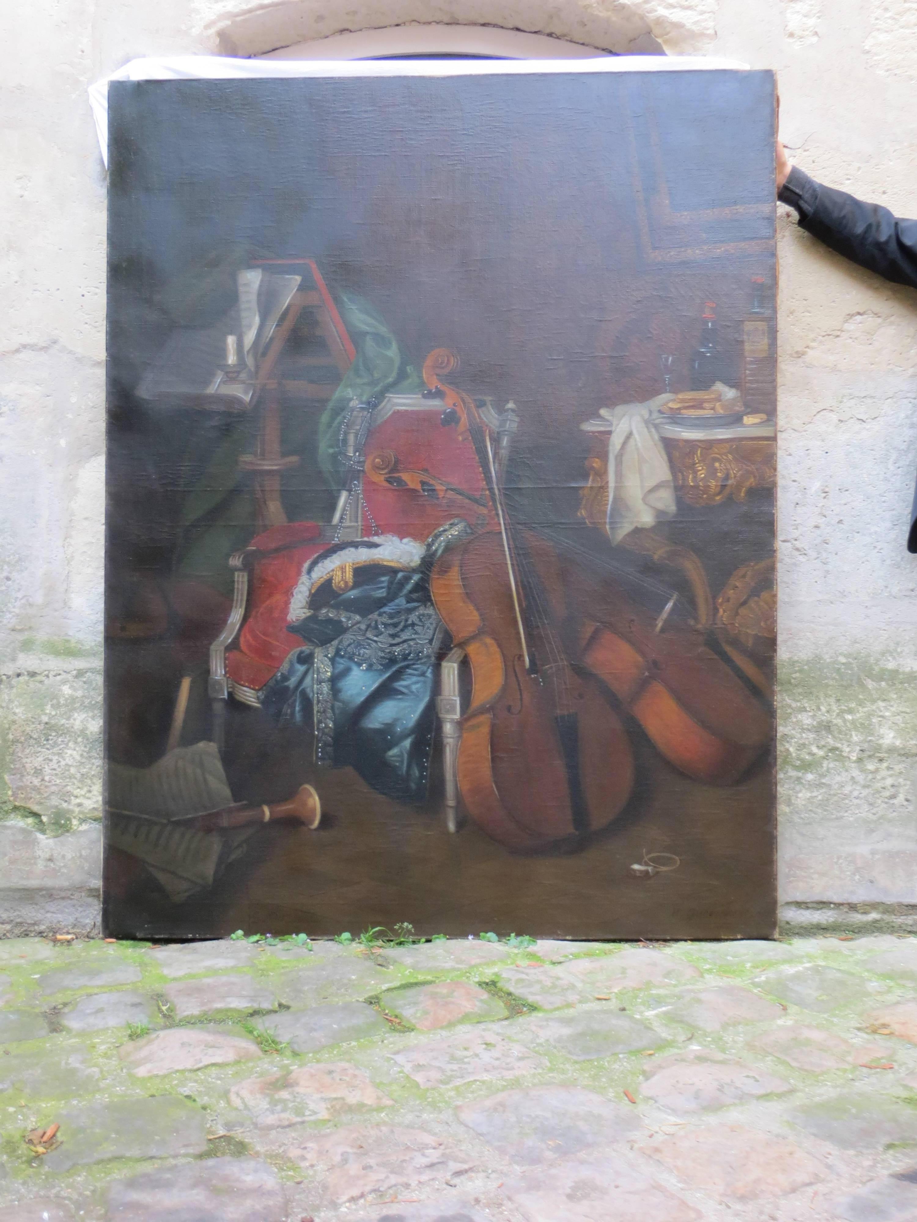 Still Life with Musical Instruments - Black Still-Life Painting by Henri Quevremont