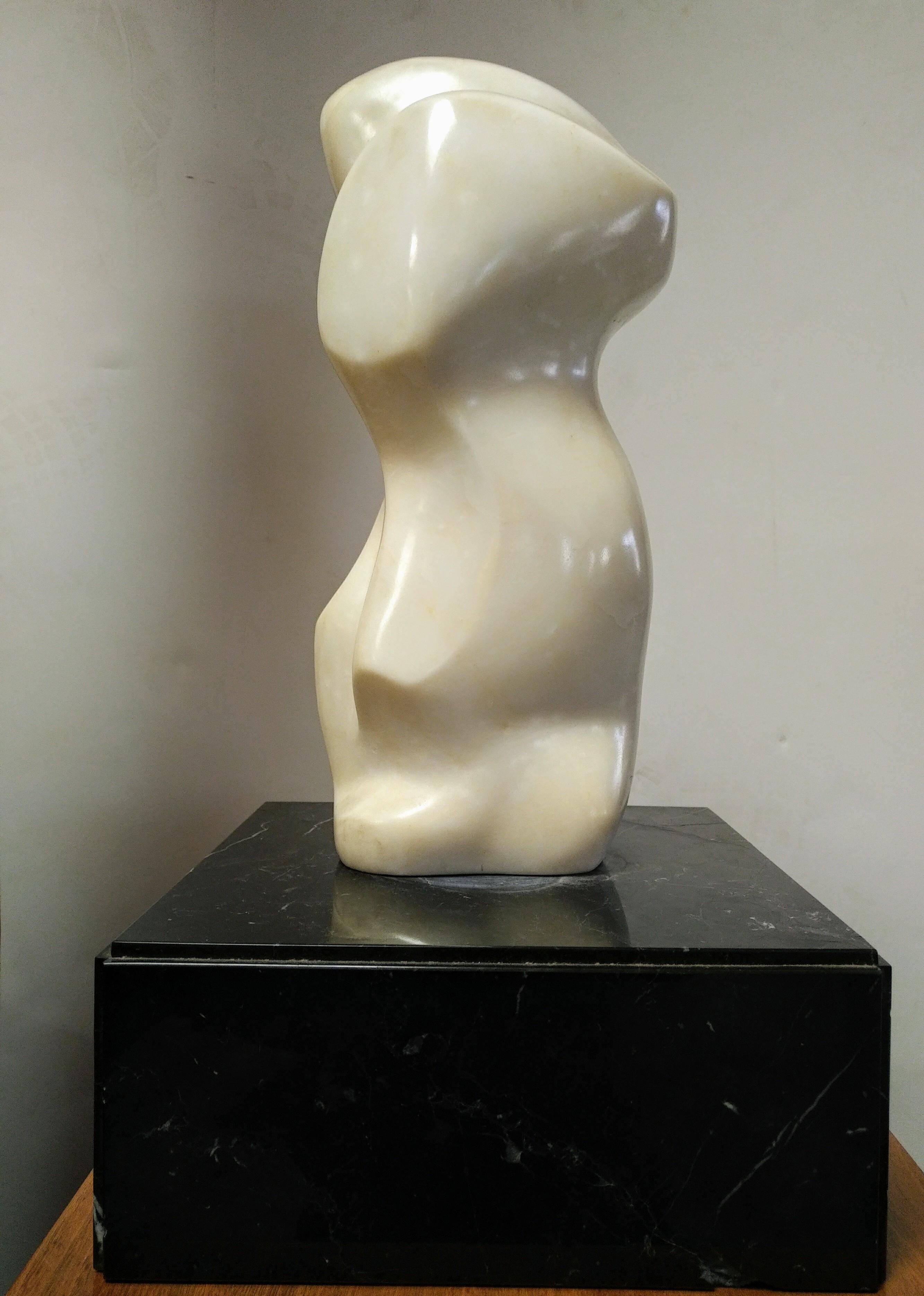 Beautiful carved abstract white marble sculpture on a black marble base. 
Signed.
Height: 22in with the base and 16,8in without. 
Depth : 4in 
Base :  5,2in x 12,5in x 12,5in

About :
Istvan Toth was a Hungarian artist who lived and worked in the
