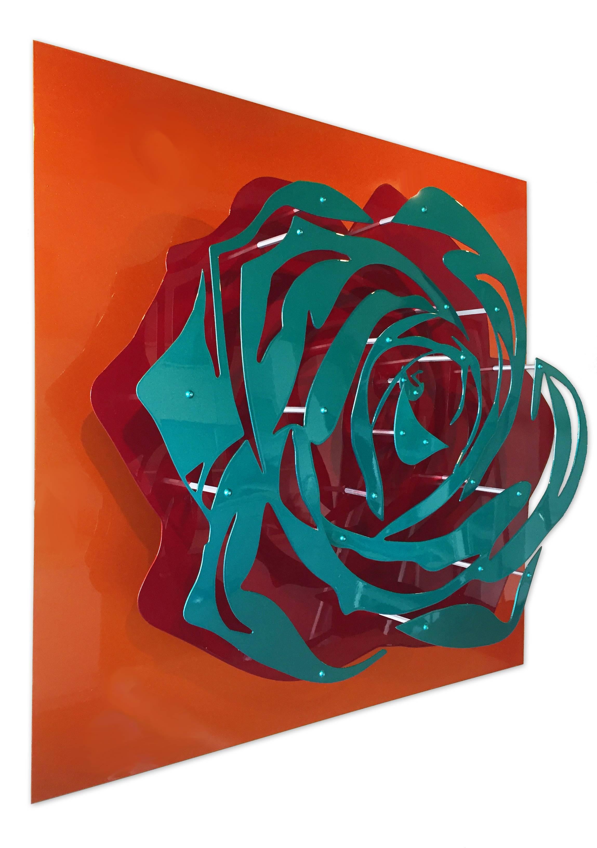 Candy Rose - Blue on Orange - COMMISSION ONLY - Sculpture by Michael Kalish