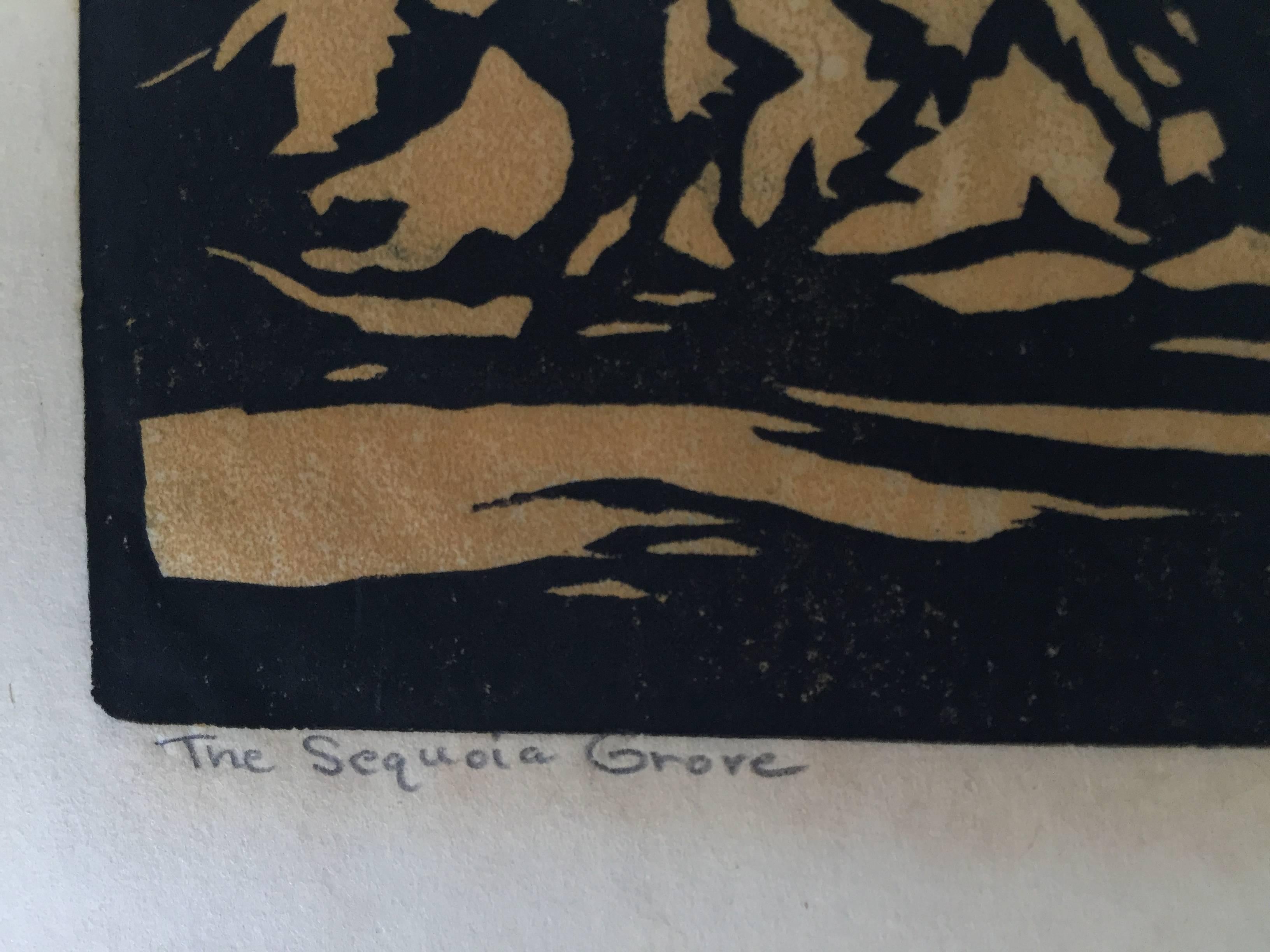 WILIAM SELTZER RICE  (1873 – 1963)

          THE SEQUOIA GROVE c. 1915-20
          Color woodcut signed & titled in pencil.  Printed in only black and 
          one color block.  9 x 12”.  Good condition. With an original Rice label.             