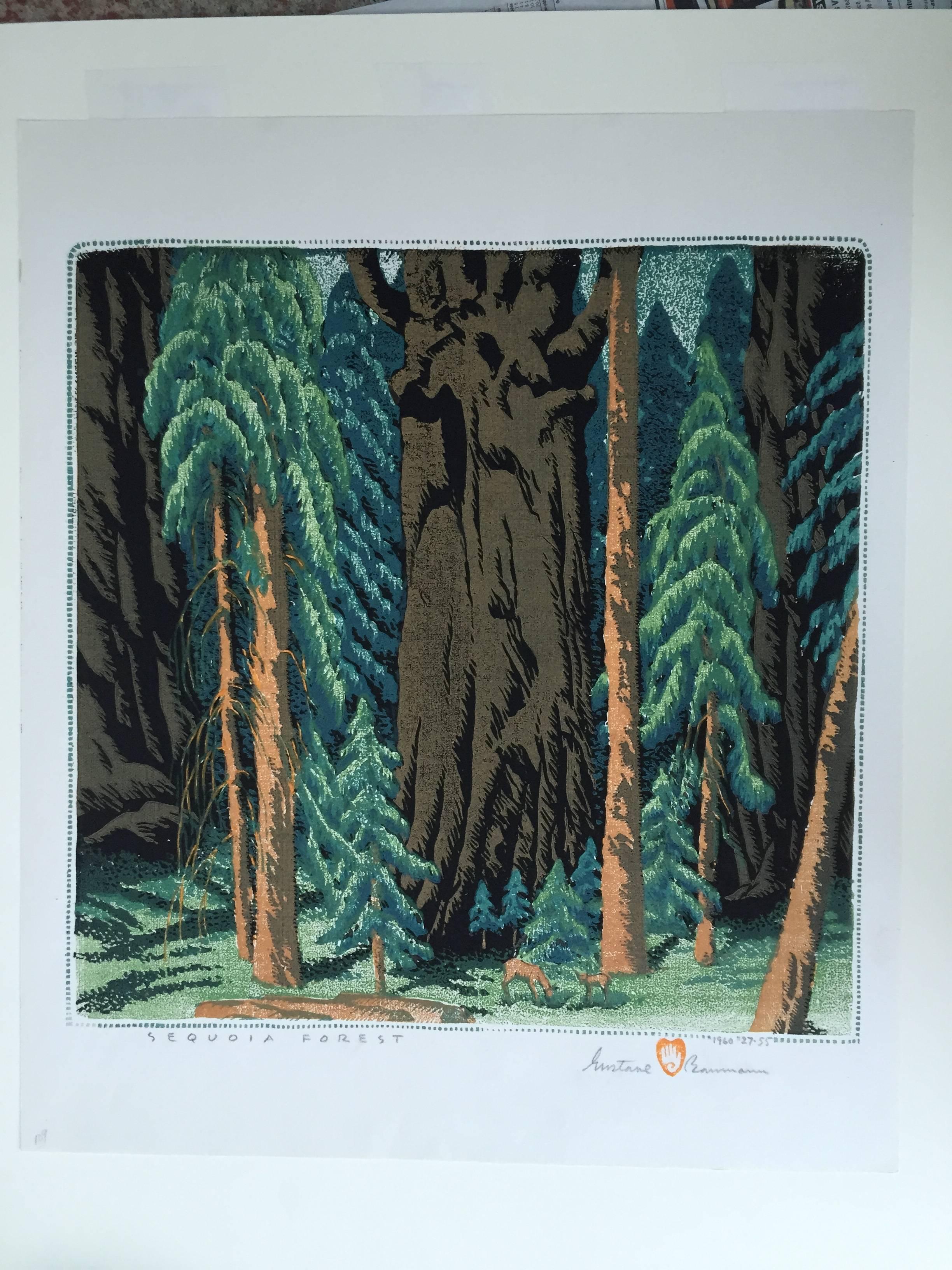 Sequoia-Wald (Schwarz), Landscape Print, von Gustave Baumann