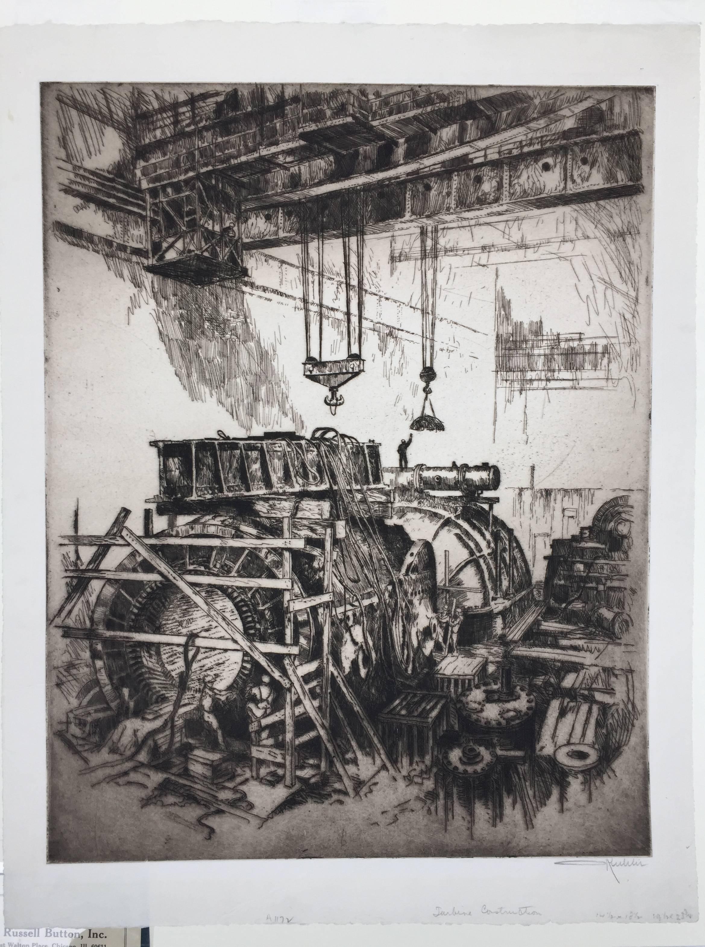 TURBINE CONSTRUCTION - Realist Print by Otto Kuhler