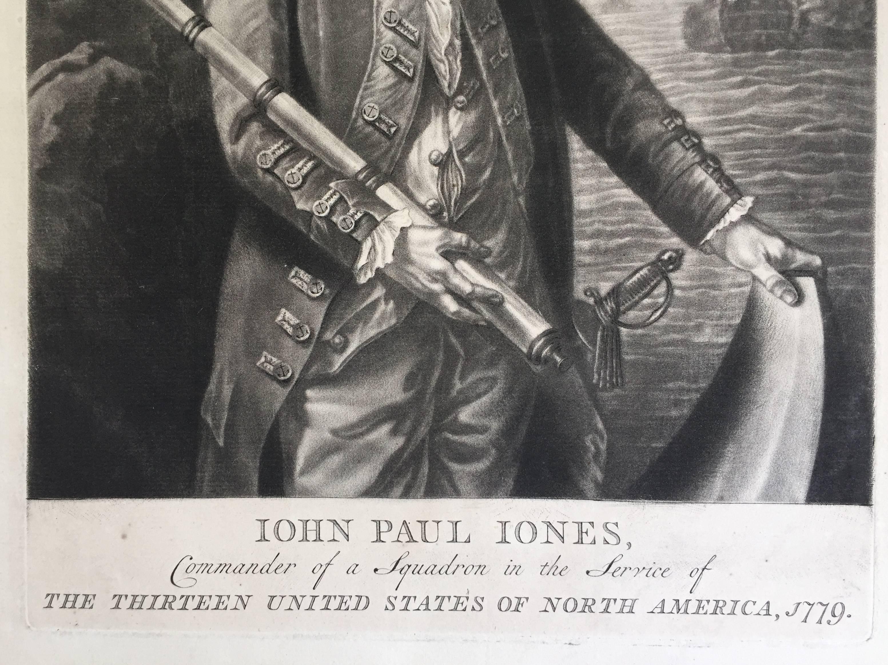 AMERIKANISCHE REVOLUTION  –  (Richard Brookshaw zugeschrieben) 

JOHN PAUL JONES Befehlshaber eines Geschwaders im Dienste der DREI VEREINIGTEN STAATEN VON NORDAMERIKA, 1779  (Creswell LC132:  Chaloner Smith, Seite 1735, Nr. 97) Schabkunst, Platte