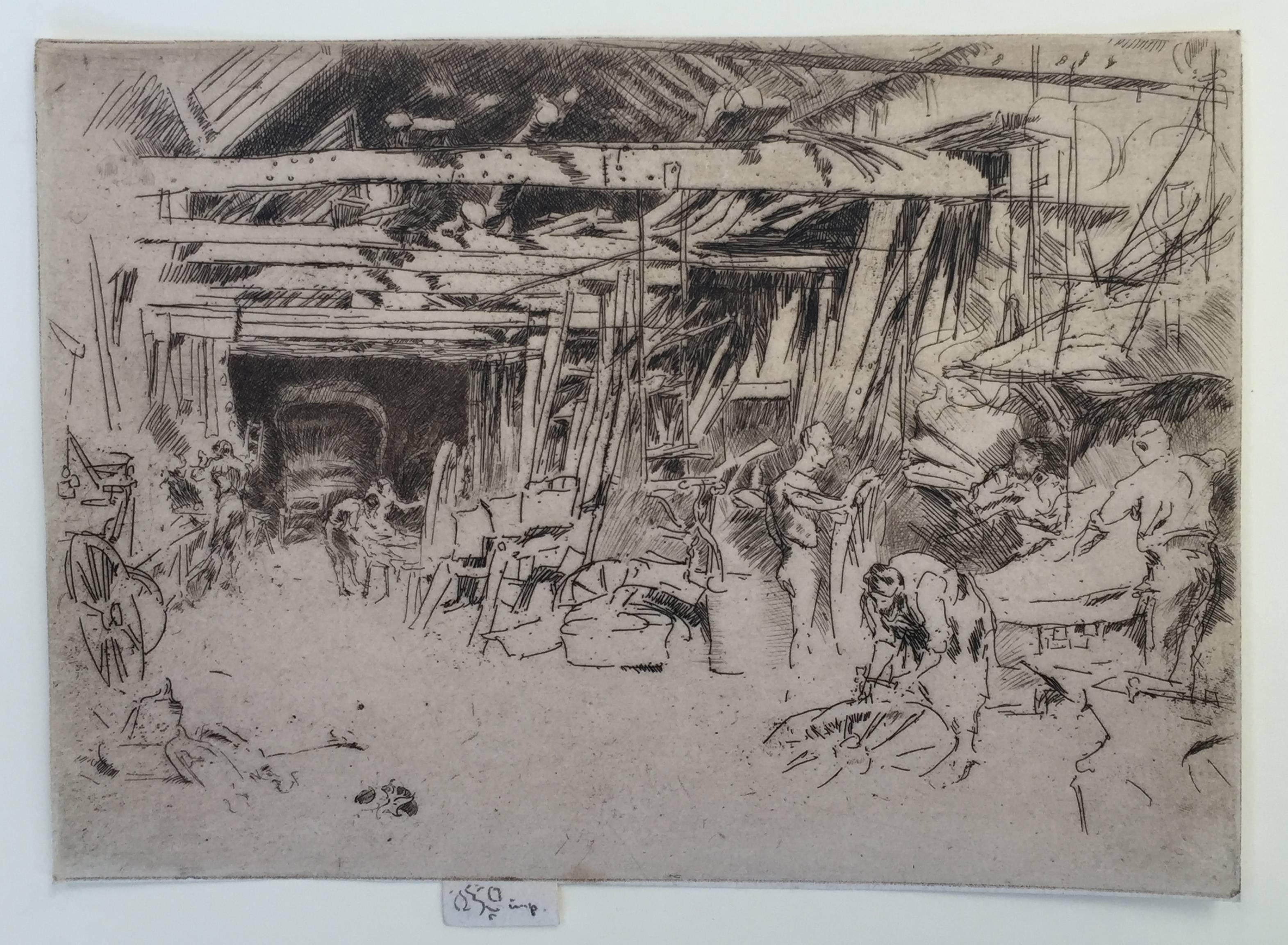JAMES ABBOTT McNEILL WHISTLER  (1834 – 1903)

          WHEELWRIGHT, 1880 (G.240 vi/ix)
          Signed with butterfly and imp. on tab. Trimmed margins as usual. The 
          butterfly still printing in the upper left beam. On pro patria