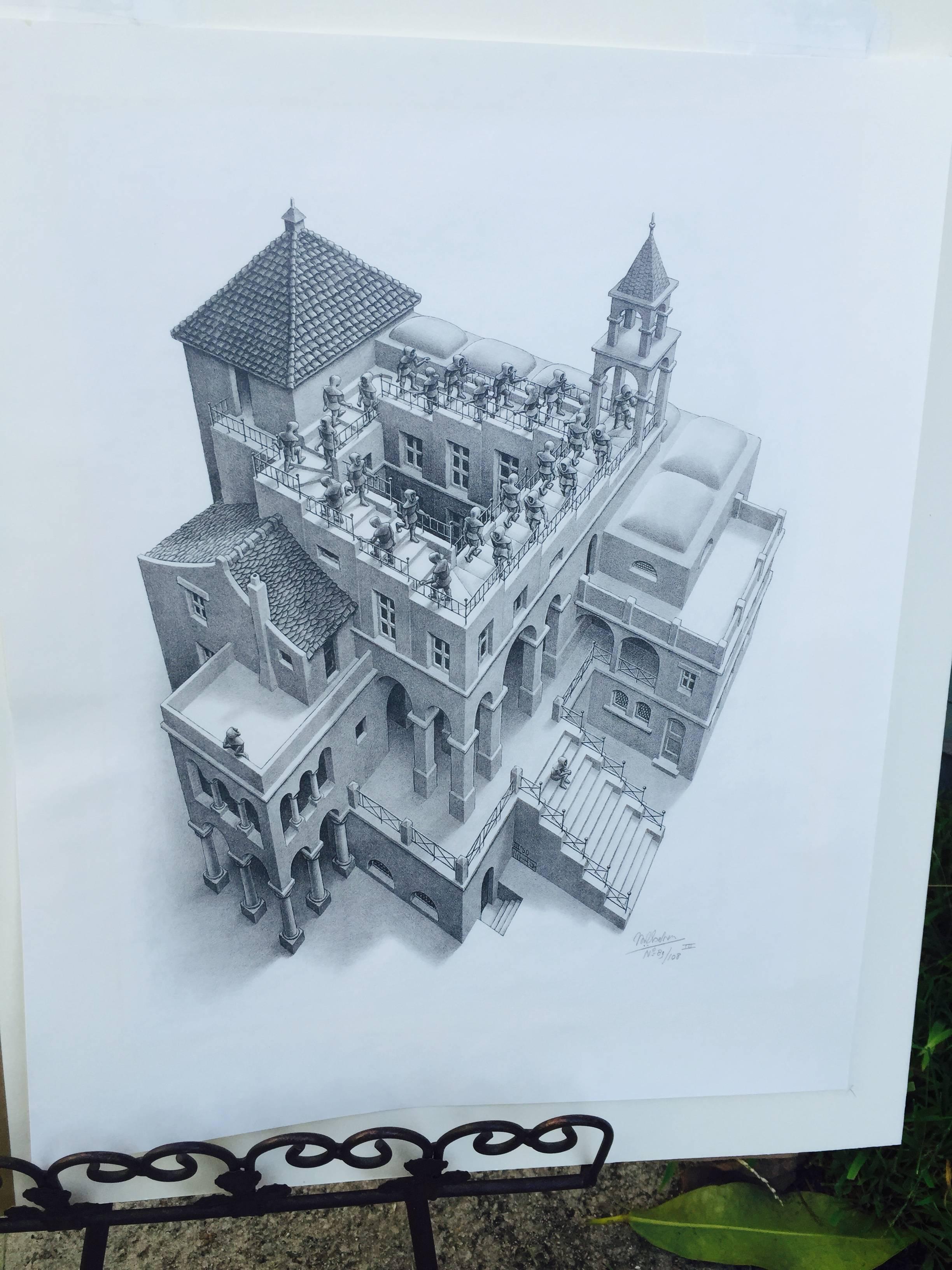 ASCENDING AND DECENDING - Gray Print by M.C. Escher