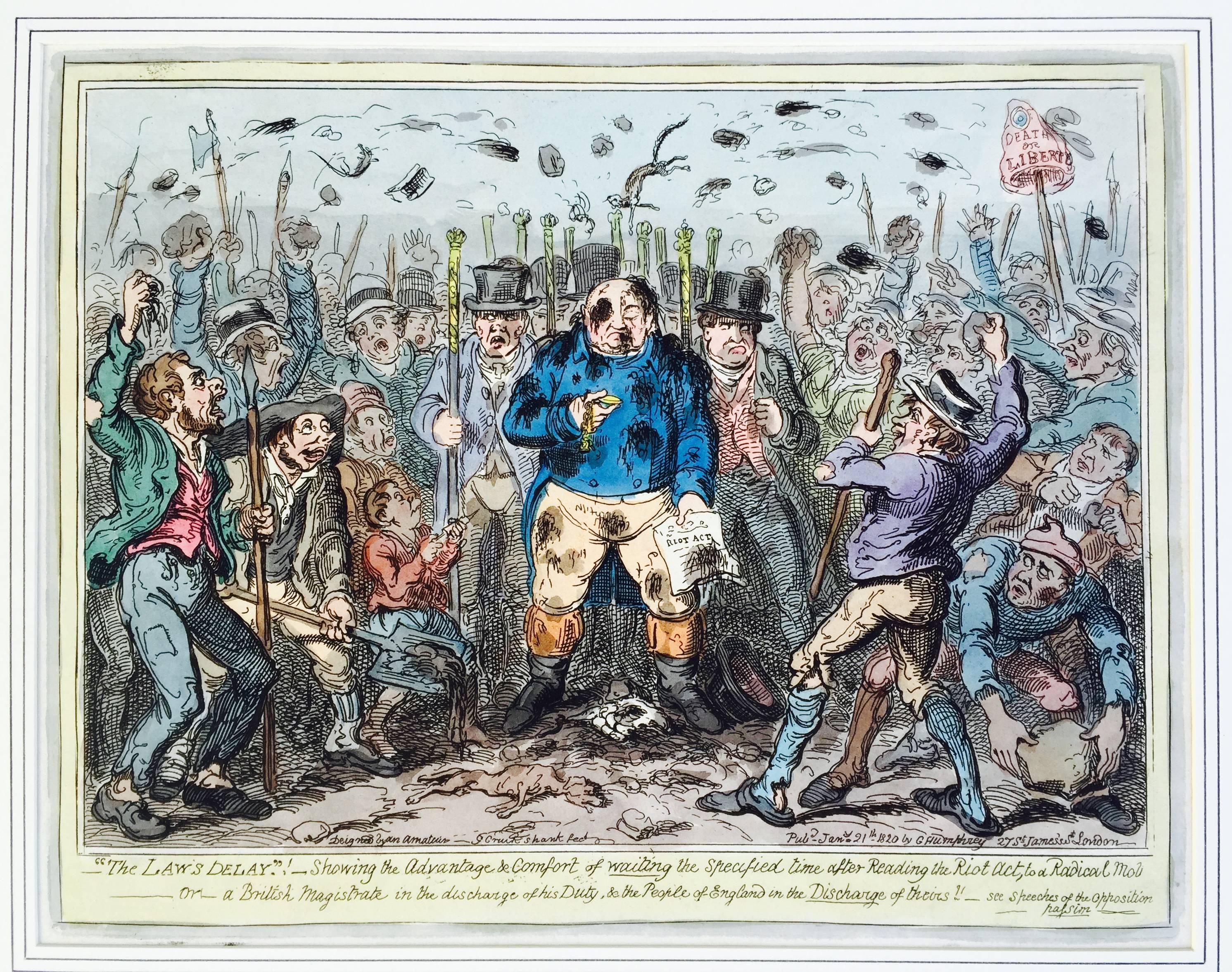 George Cruikshank Figurative Print - The Riot Act  -  THE LAW'S DELAY....(IN READING THE RIOT ACT...) 