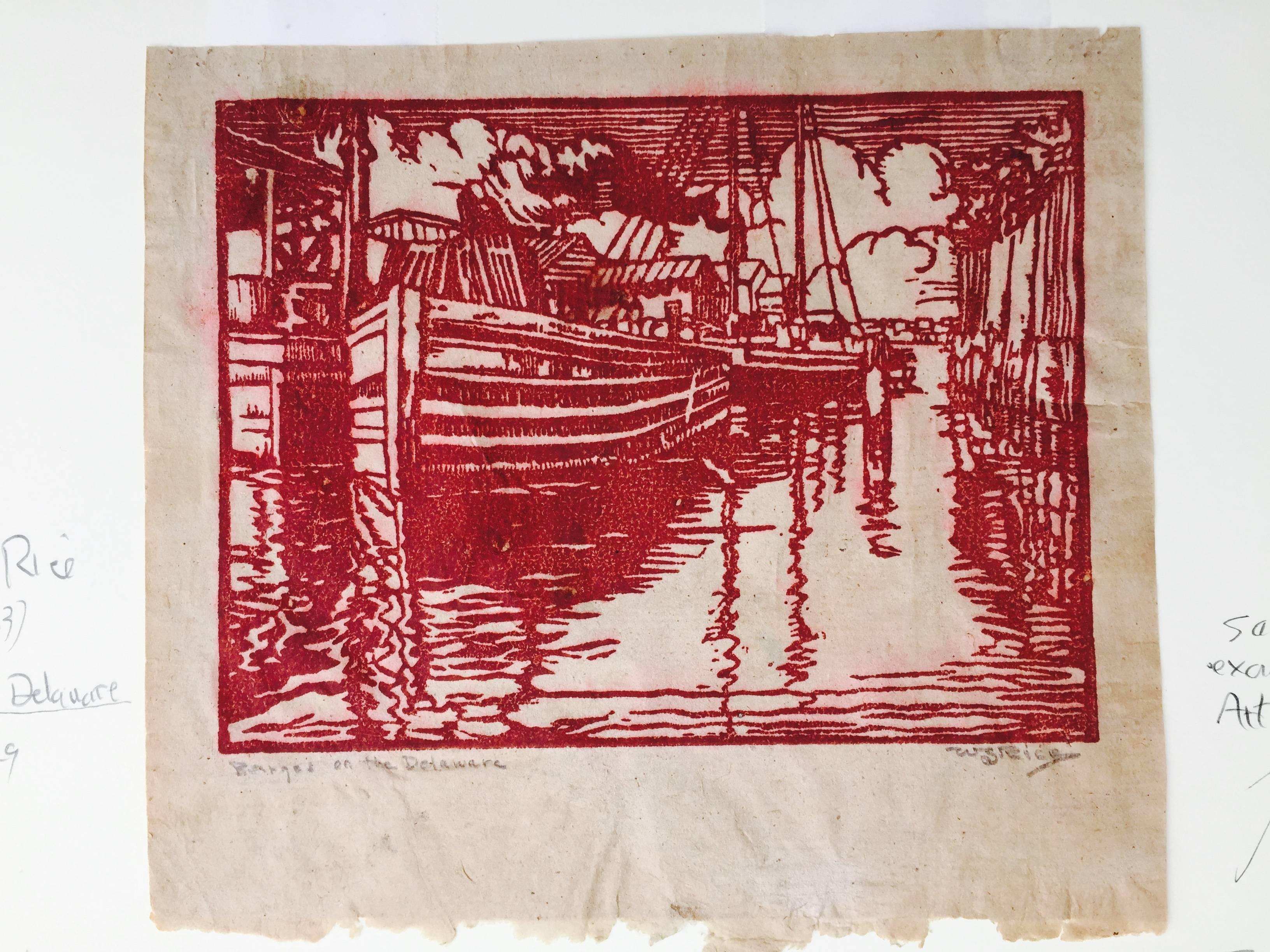 WILLIAM S. RICE  (1873 – 1963)

          BARGES ON THE DELAWARE 
          Linocut in sepia on japan paper, with deckle edges. Signed and titled in 
          pencil  5 ½ x 7’. Better condition than photos indicate (poor lighting). A 
         