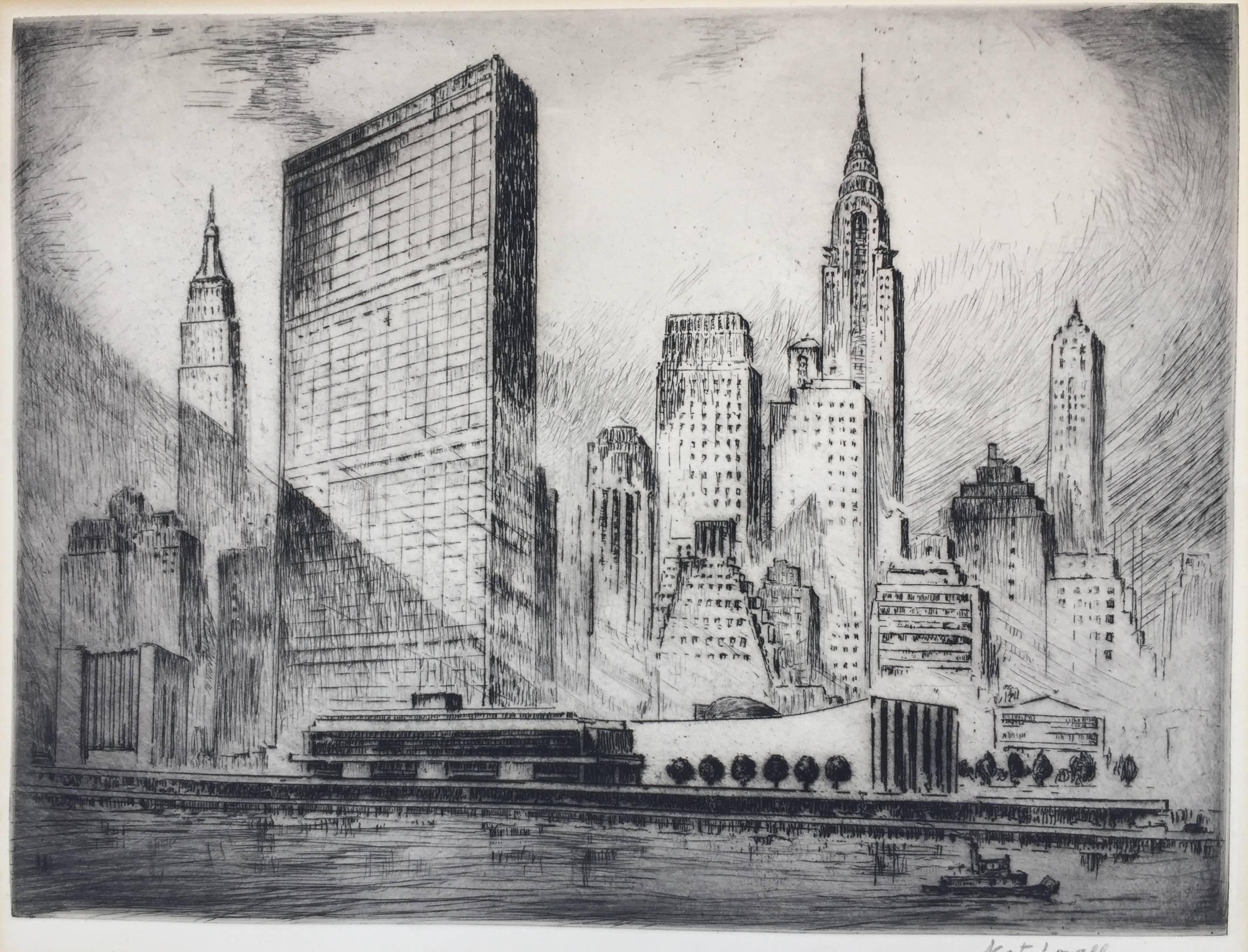 Nat Lowell Landscape Print - UNITED NATIONS BUILDING, NEW YORK