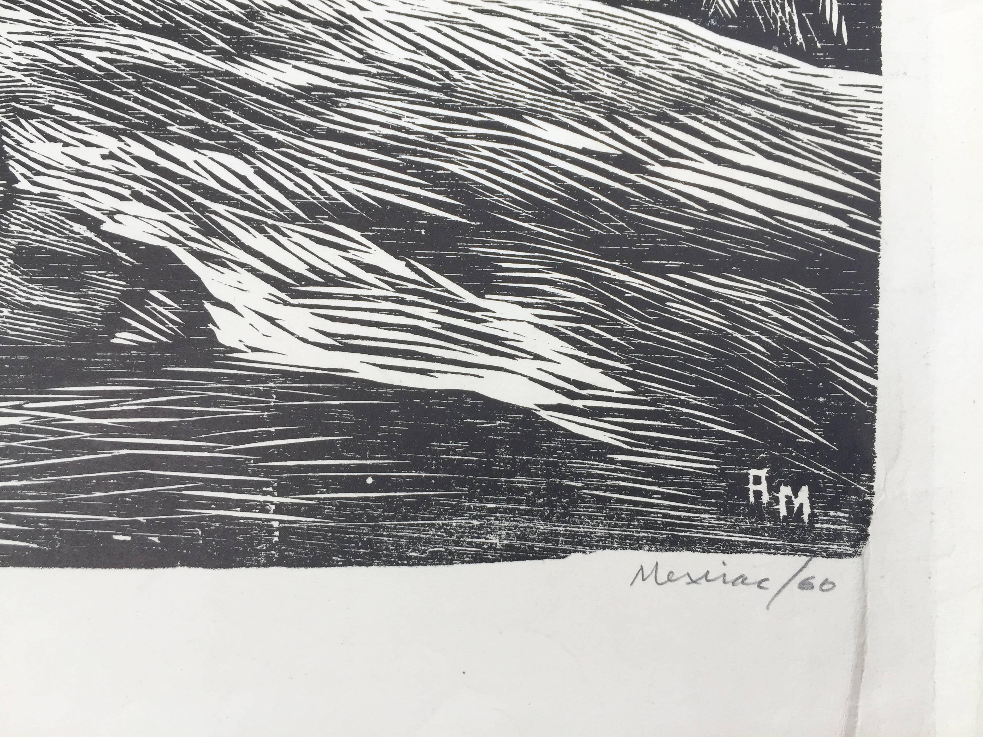 LINOCUT MEXICANO TAMAÑO CARTEL - DESPERTAR - Figurative Print Gris de Adolfo Mexiac