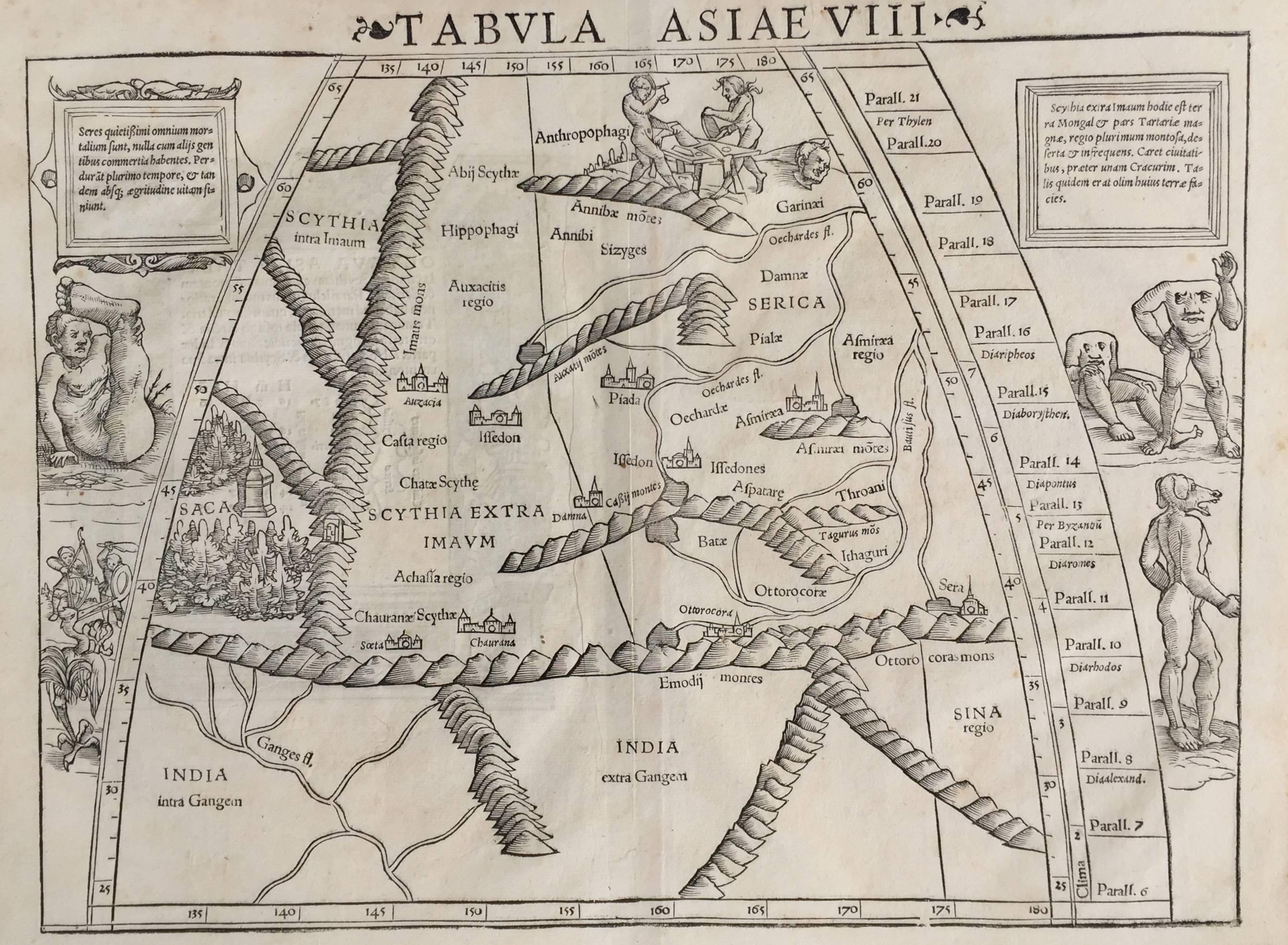 Sebastian Münster Landscape Print – Kartenkarte mit Holzschnitt aus dem 16. Jahrhundert – Tabula Asiae Vlll