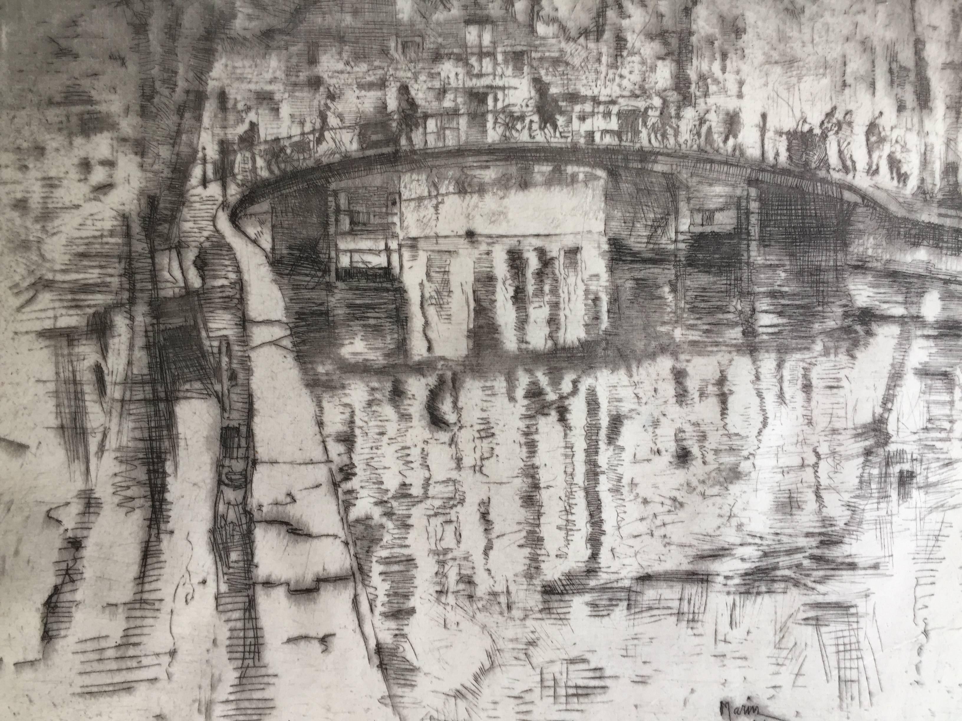 CANAL BRIDGE AMSTERDAM - Gray Landscape Print by John Marin