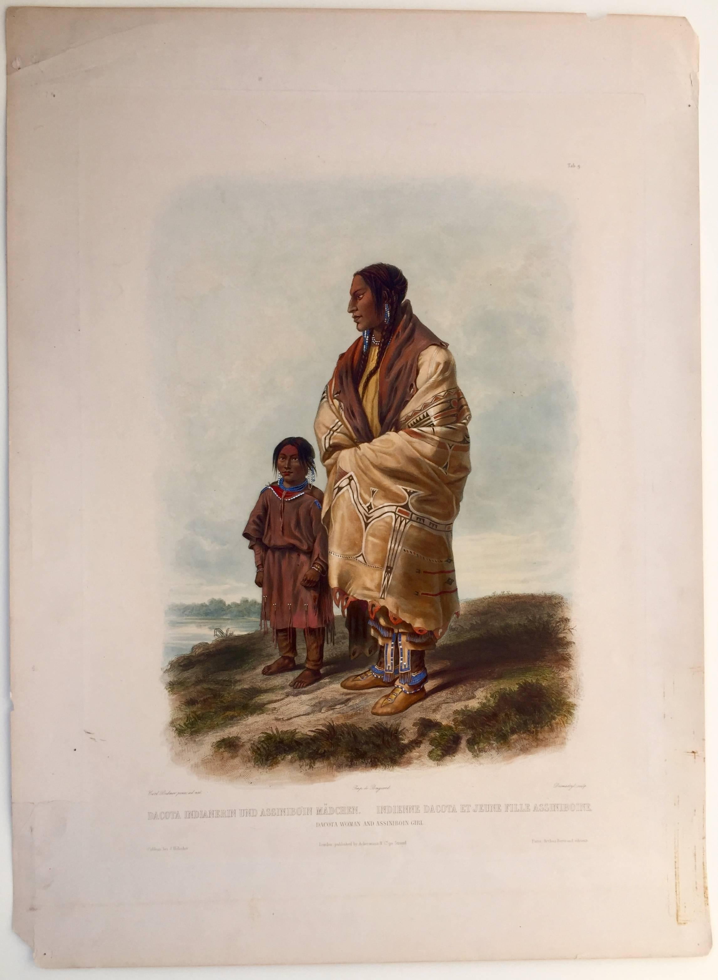 KARL BODMER (1809 - 1893)

DACOTAH WOMAN AND ASSINIBOIN GIRL, ca 1839
Engraving and aquatint, plate 9 from - Travels in the Interiors of North America, -- Paris and Coblenz, 1839-43 by Ackerman and Co. London. With the Bodmer blind stamp lower