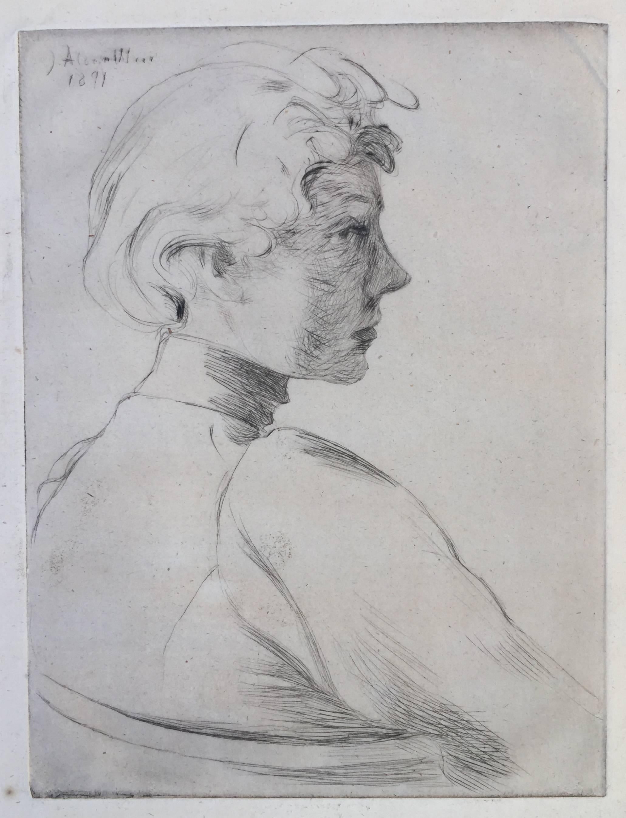 Julian Alden Weir Figurative Print - HEAD OF A WOMAN IN PROFILE