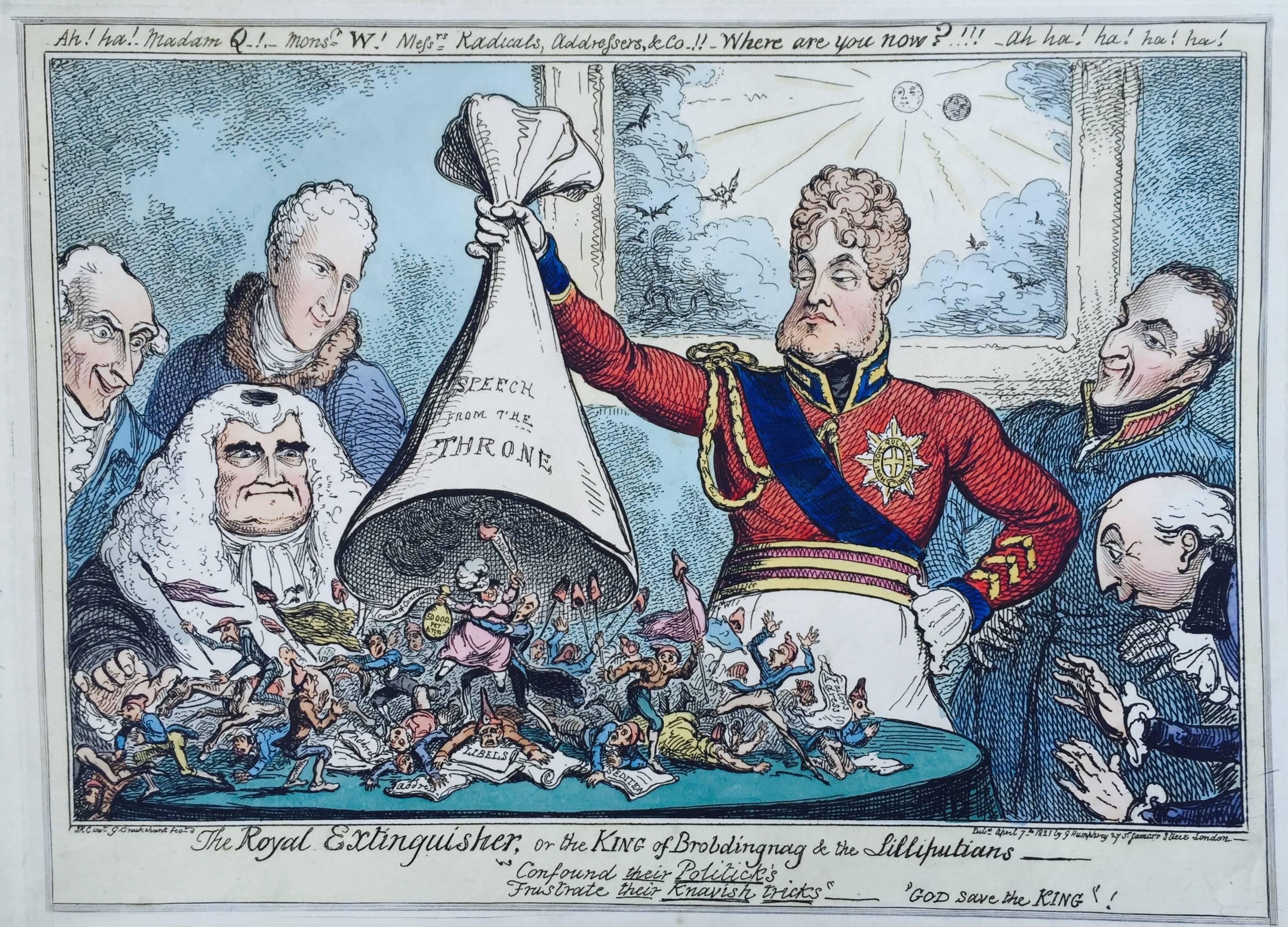 George Cruikshank Figurative Print - The Royal Extinguisher or The King of Brobdingnag and the Lilliputians