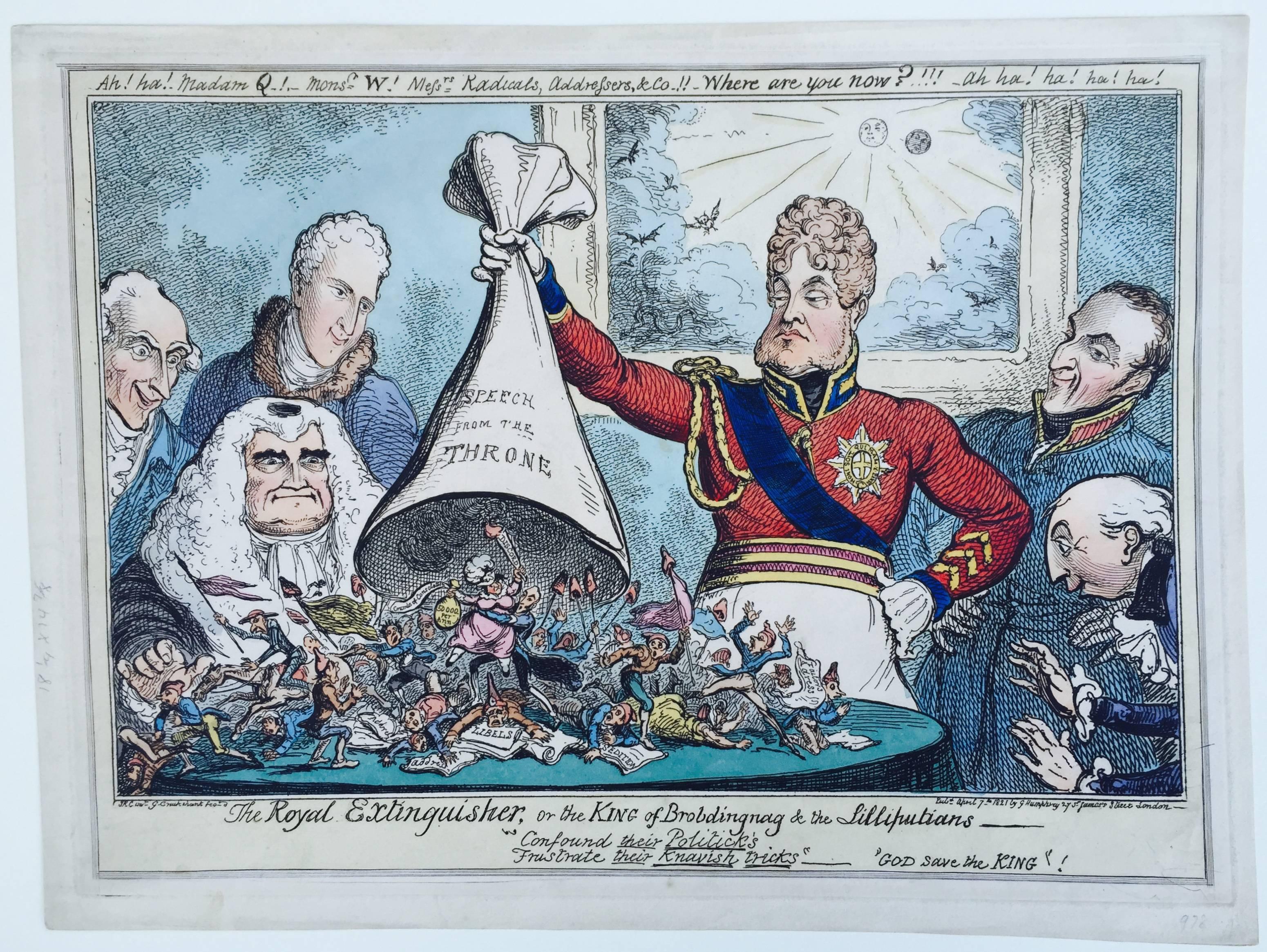 The Royal Extinguisher or The King of Brobdingnag and the Lilliputians - Print by George Cruikshank