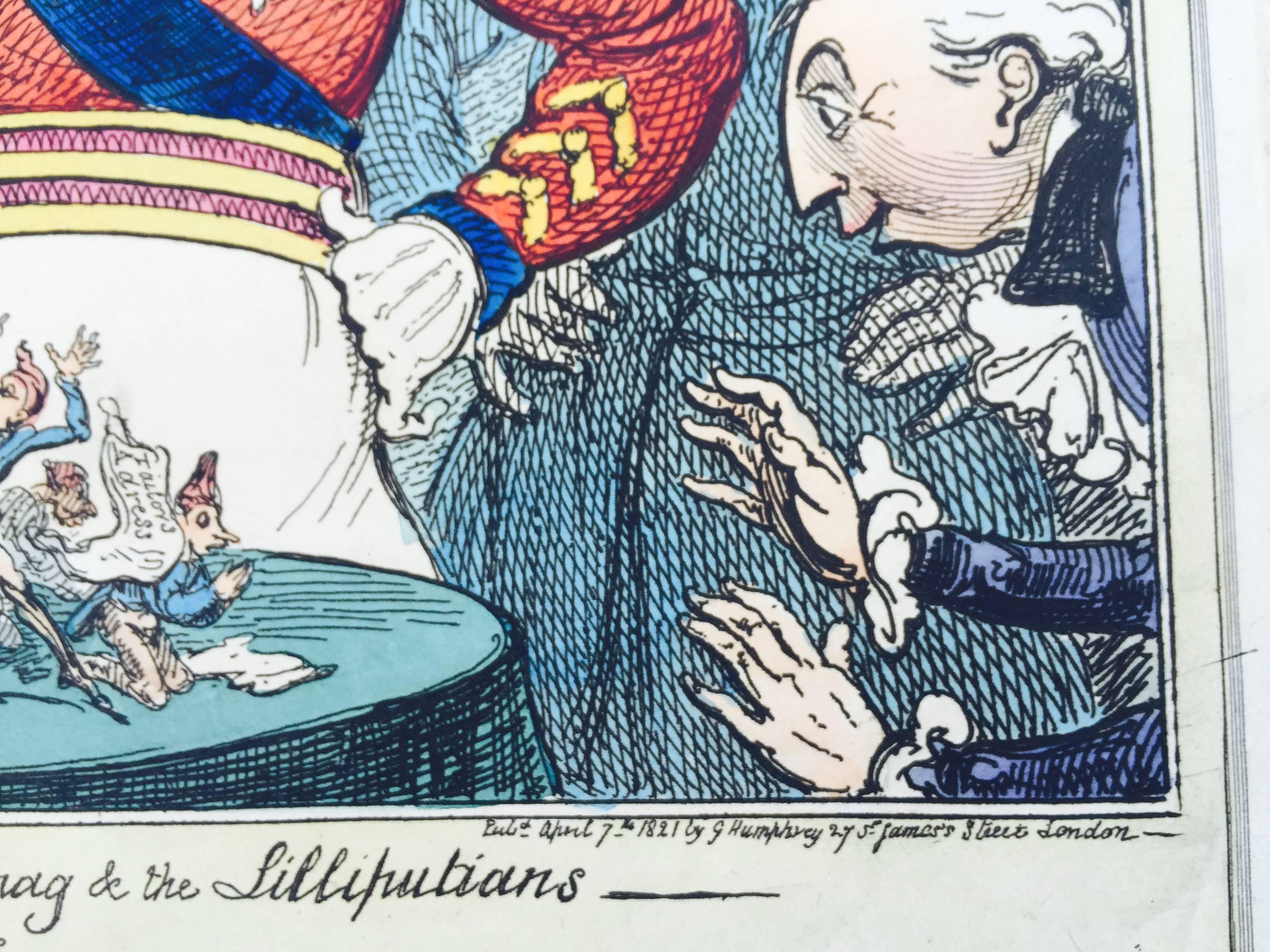 The Royal Extinguisher or The King of Brobdingnag and the Lilliputians - Old Masters Print by George Cruikshank