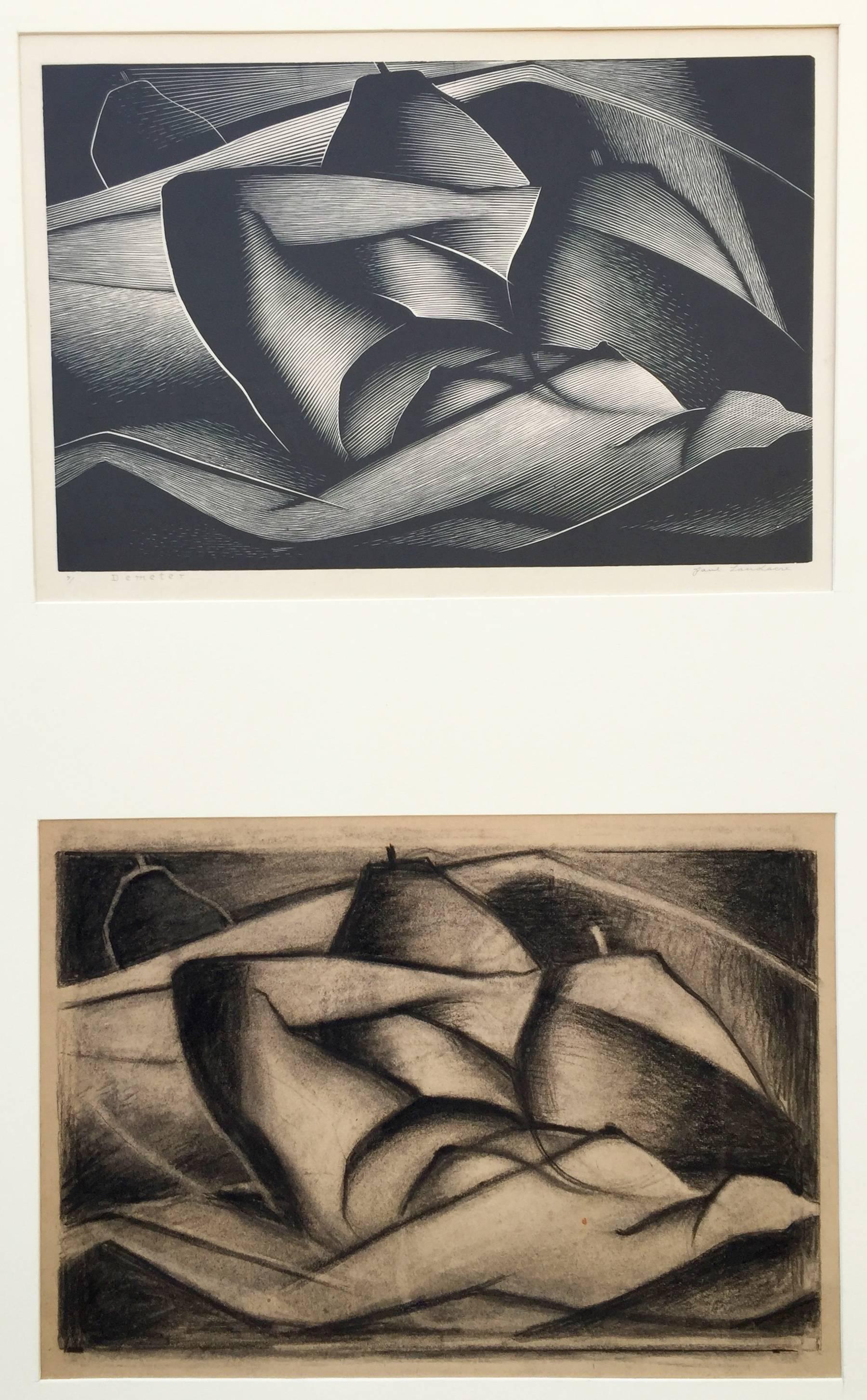 Paul Landacre Abstract Print - DEMETER - Rare image -  Together with 2 Preliminary Drawings (3)