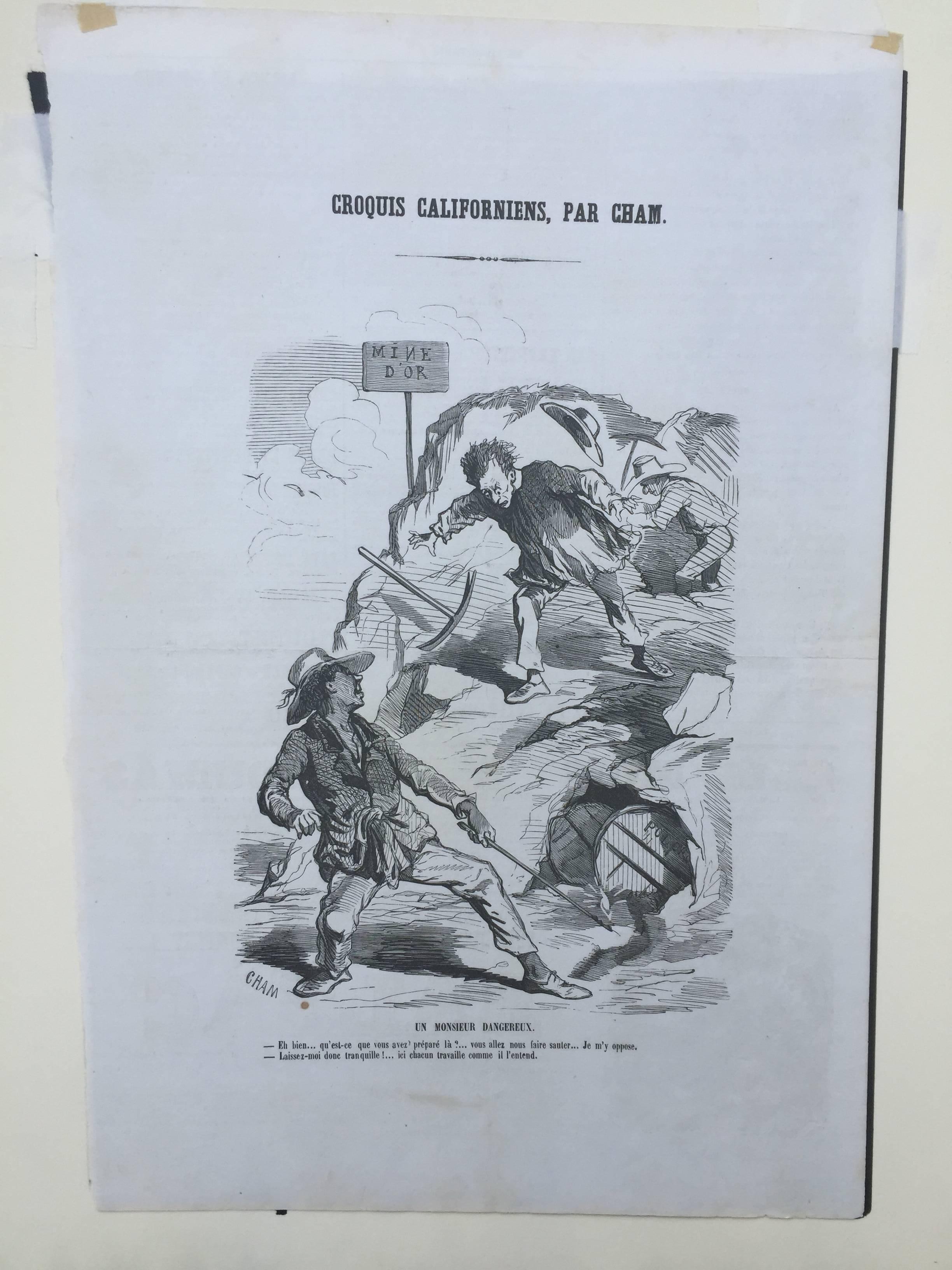 CALIFORNIA 1850 GOLD- RUSH-Karikatur (Grau), Figurative Print, von Charles Amedee de Noe (CHAM)