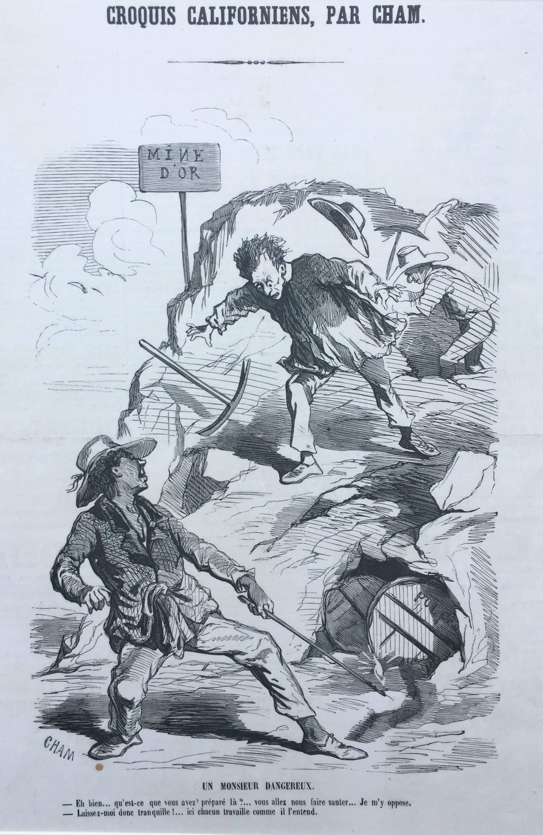 Charles Amedee de Noe (CHAM) Figurative Print – CALIFORNIA 1850 GOLD- RUSH-Karikatur