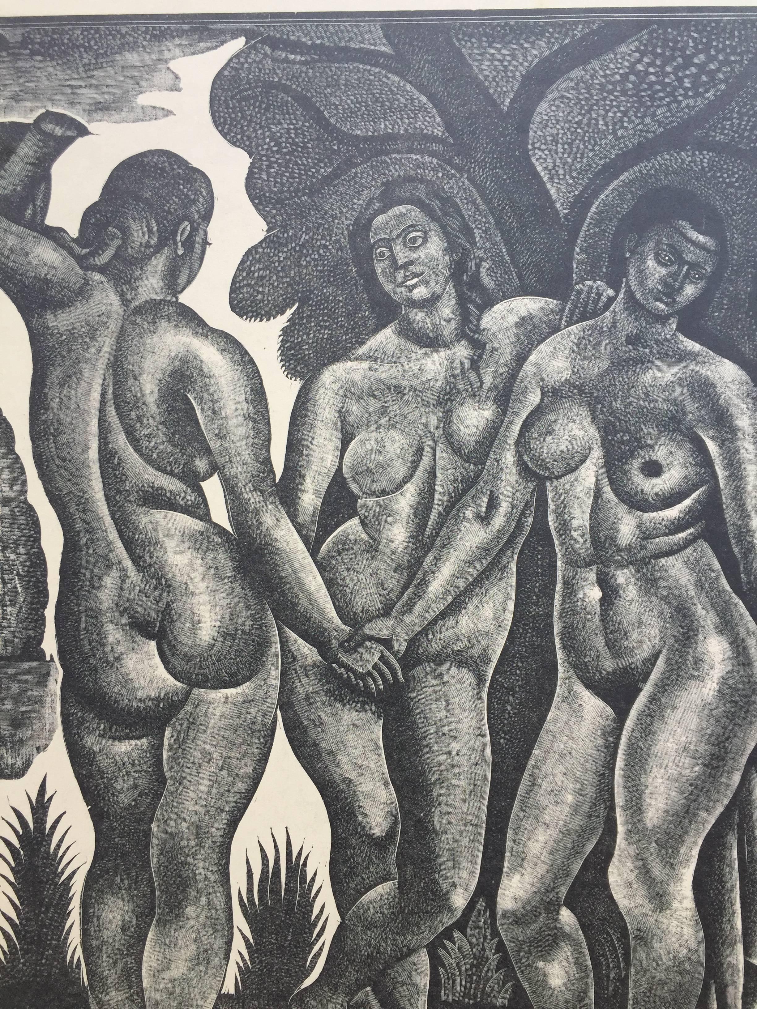 DEMETRIOS GALINIS (Greece 1882 - 1988)

          THREE GRACES ca. 1920-30
          Wood engraving, signed and numbered in pencil. Edition 8, 17 3/4 x14 
          inches. Sheet 22 1/2 x 17 1/4 Inches. Very handsome  and powerful work.             