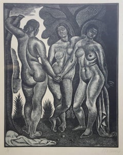 Grande gravure sur bois  THE THREE GRACES (Trois Graces)