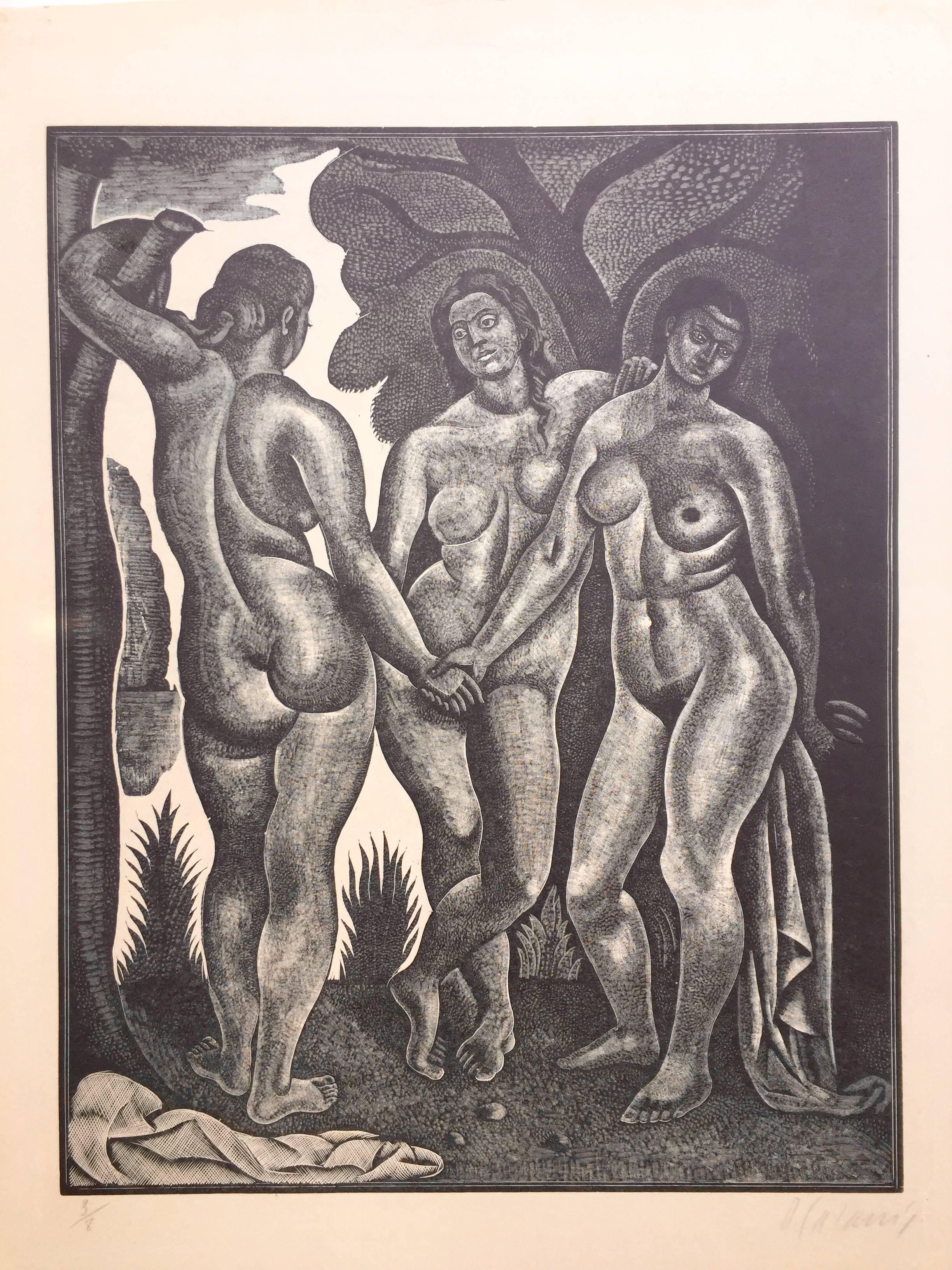 Large Wood engraving  - THE THREE GRACES (Trois Graces) - Modern Print by Demetrios Galanis