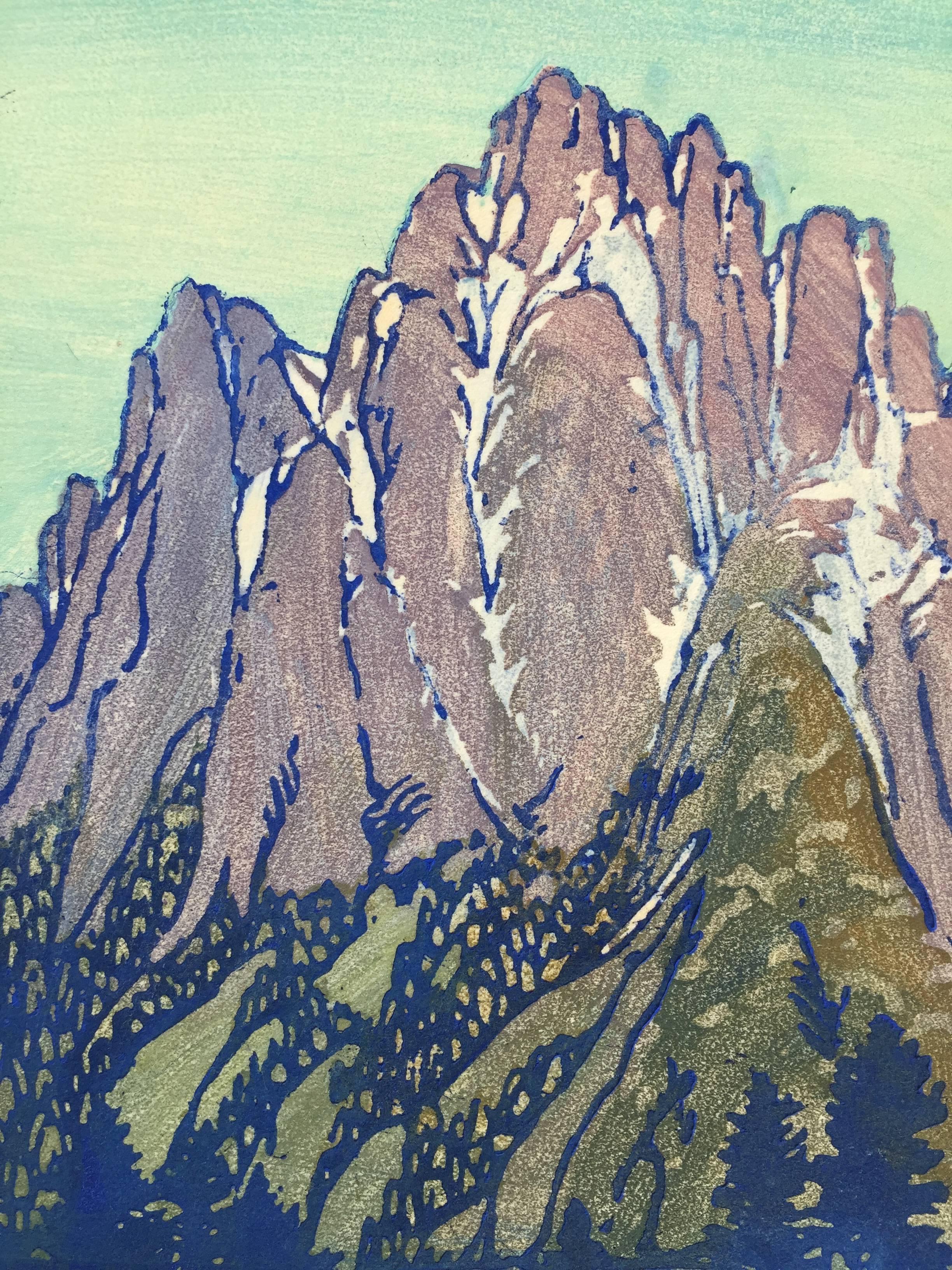 FRANCES H. GEARHART (1869-1958)

LONELY SIERRA, ca. 1929  Color block print. 9 1/8 x 6 1/4 inches. Sheet 14 1/2 x 9 inches.
Signed in pencil. SIGNED IMPRESSIONS OF THIS PRINT ARE RARE. It is usually found unsigned. Untitled. Very good, fresh