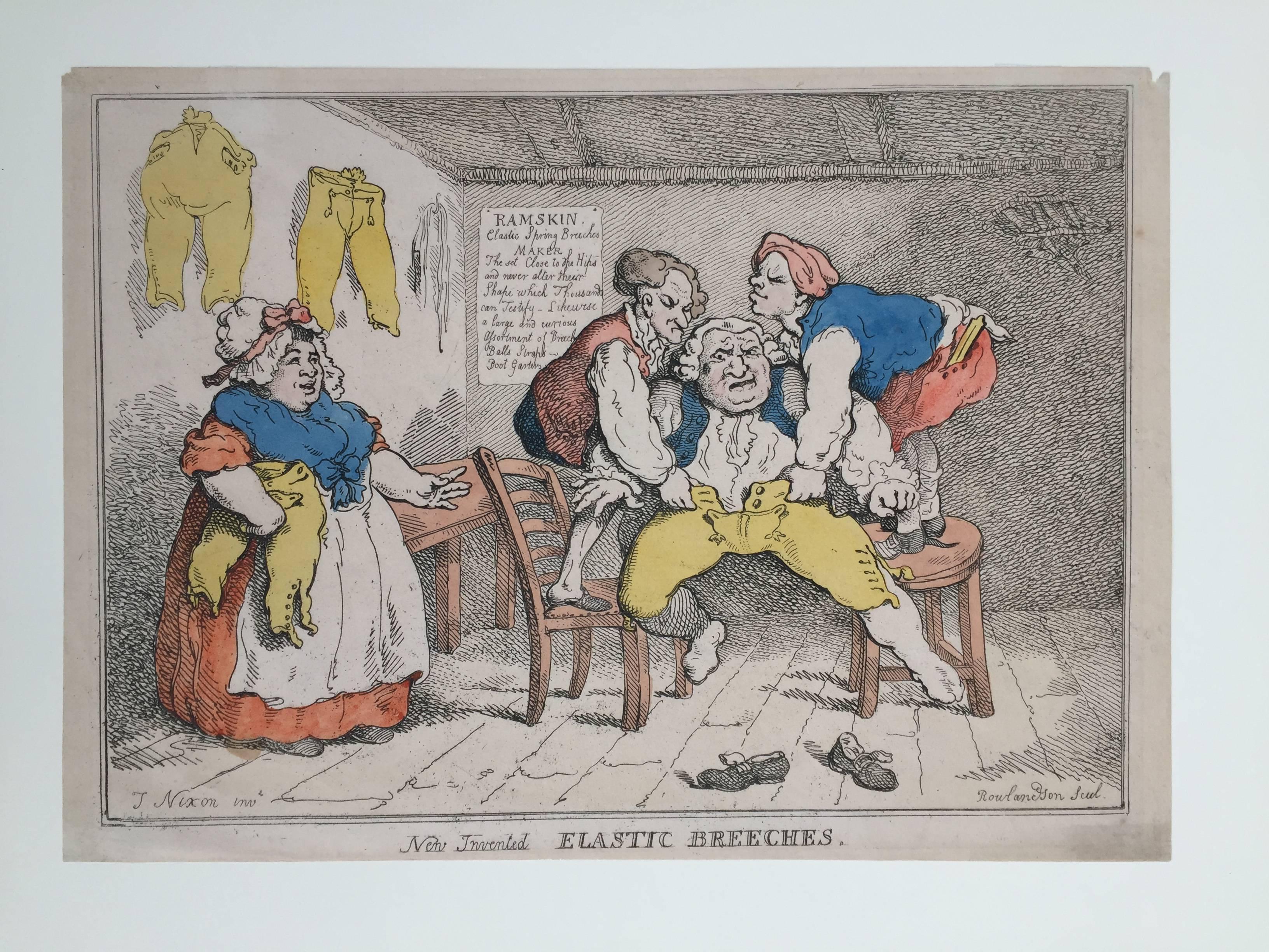 NEW INVENTED ELASTIC BREECHES - Print by Thomas Rowlandson