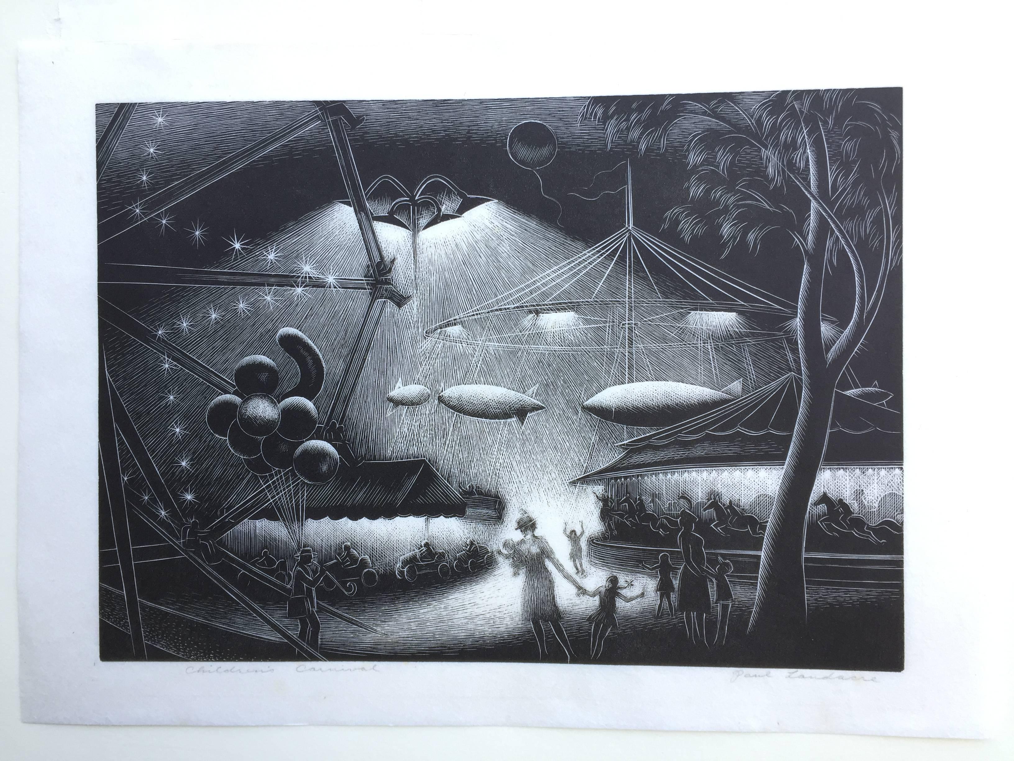 CHILDREN'S CARNIVAL - Gray Landscape Print by Paul Landacre