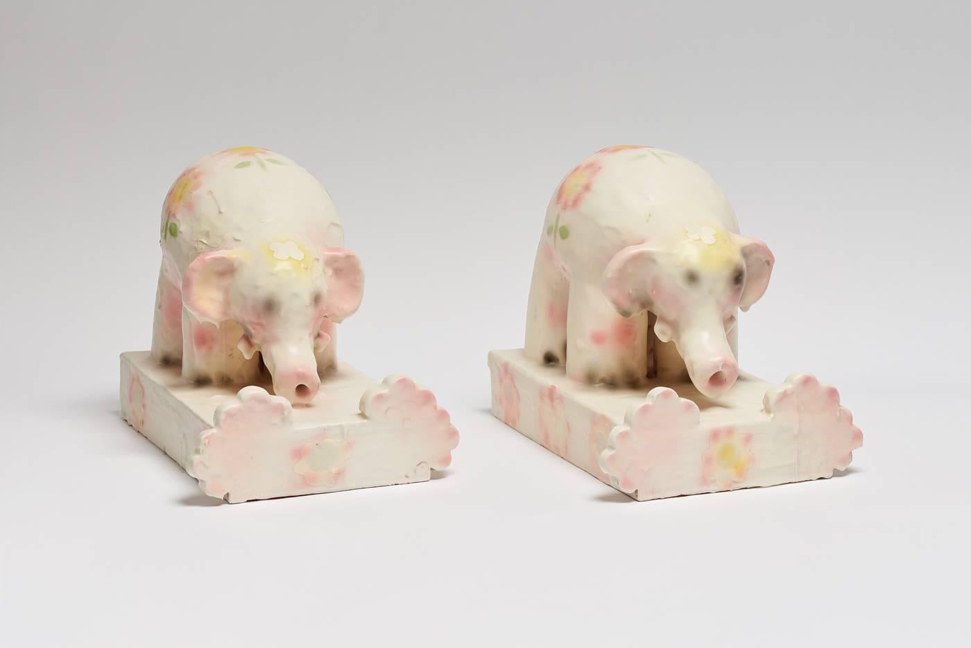Jeffry Mitchell Figurative Sculpture - White Elephants with Pink Flowers