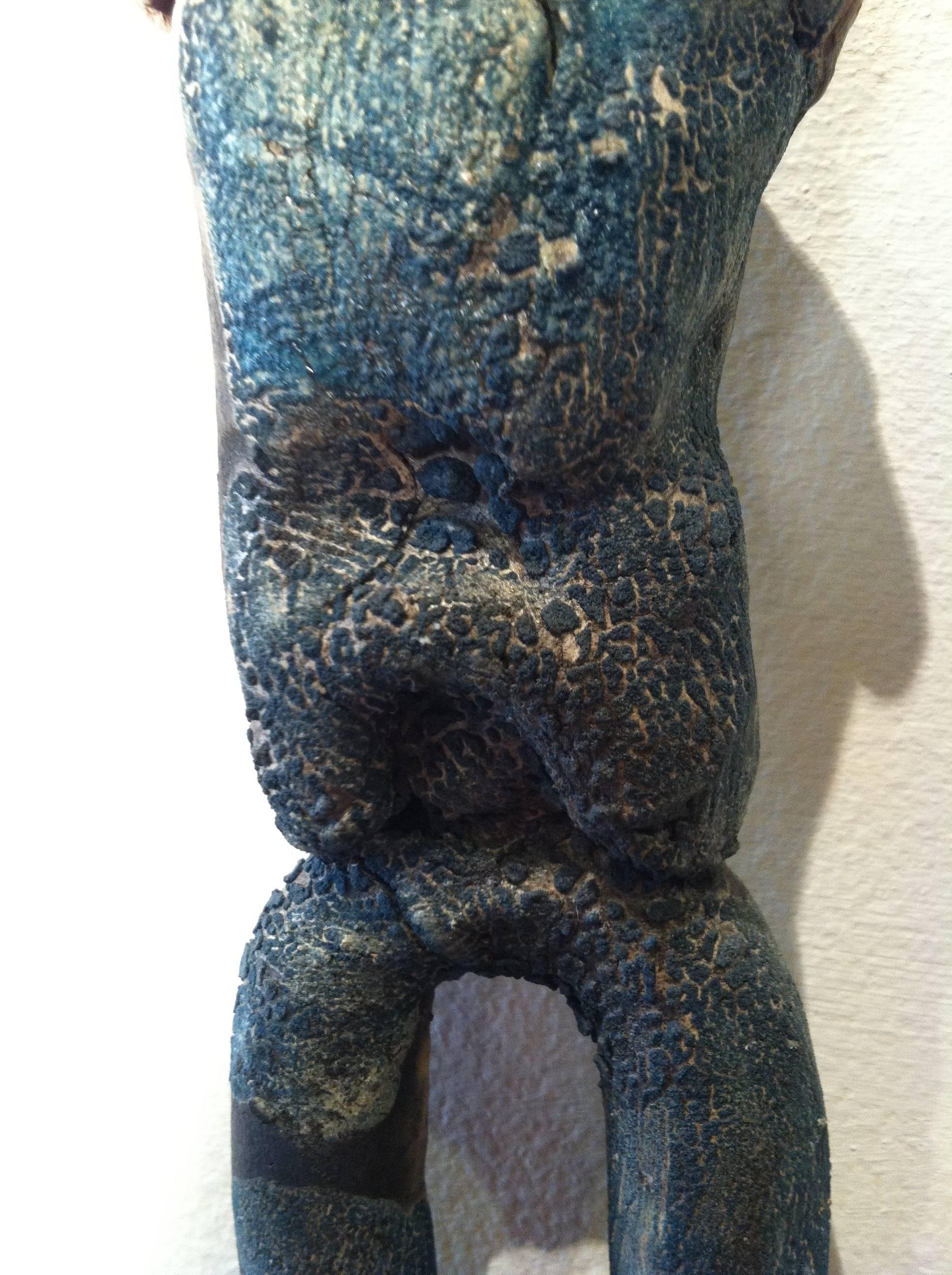 This contemporary sculpture is realized in a primitivist mode. The sculpture will remind the viewer of an ancient or pre-historic figure, an impression reinforced by the blue-grey texture of the piece itself.

Raul Acero is a sculptor and ceramic