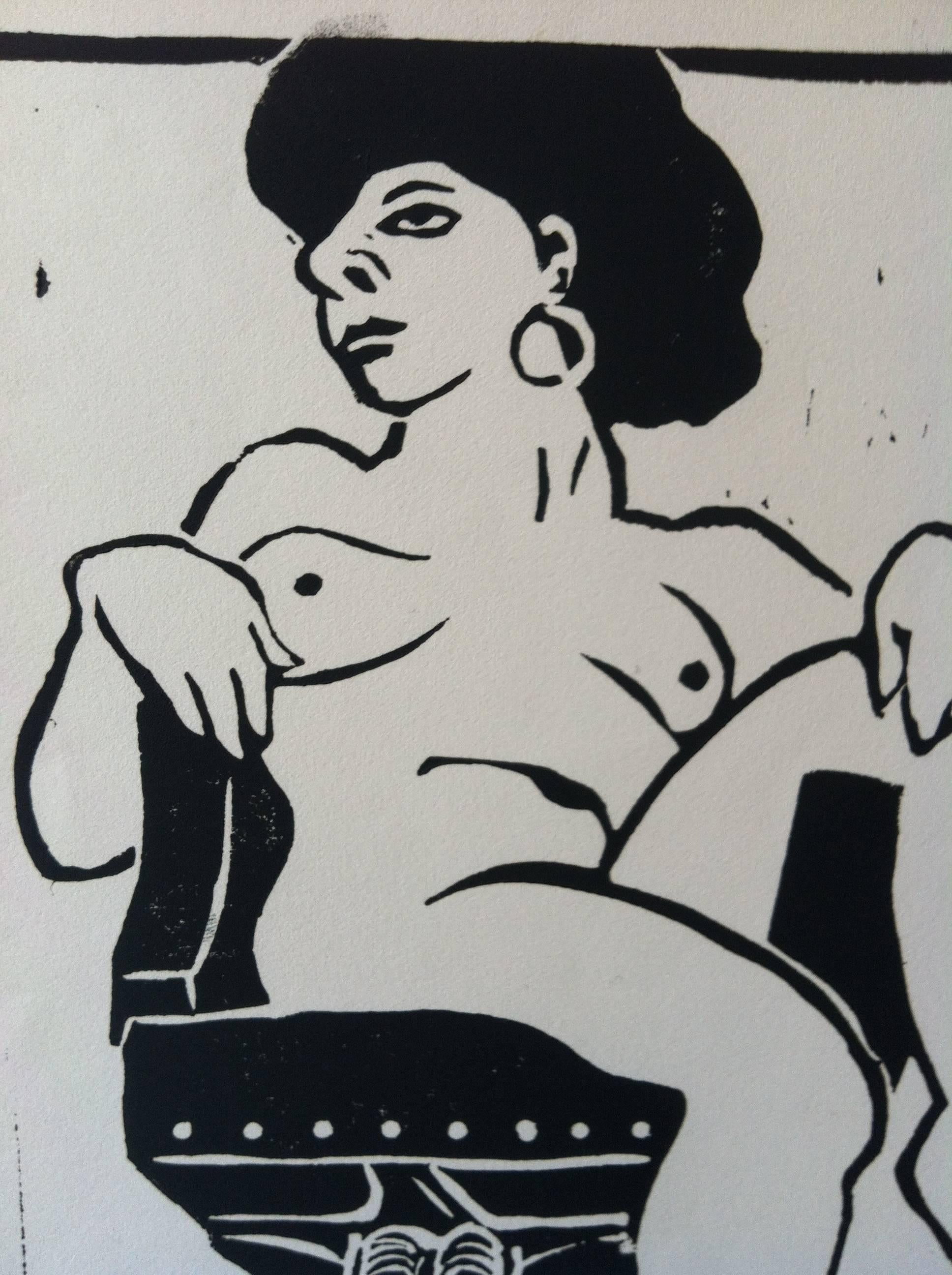 Linocut Print of Nude -- Jill - Gray Nude Print by Dan Mehlman
