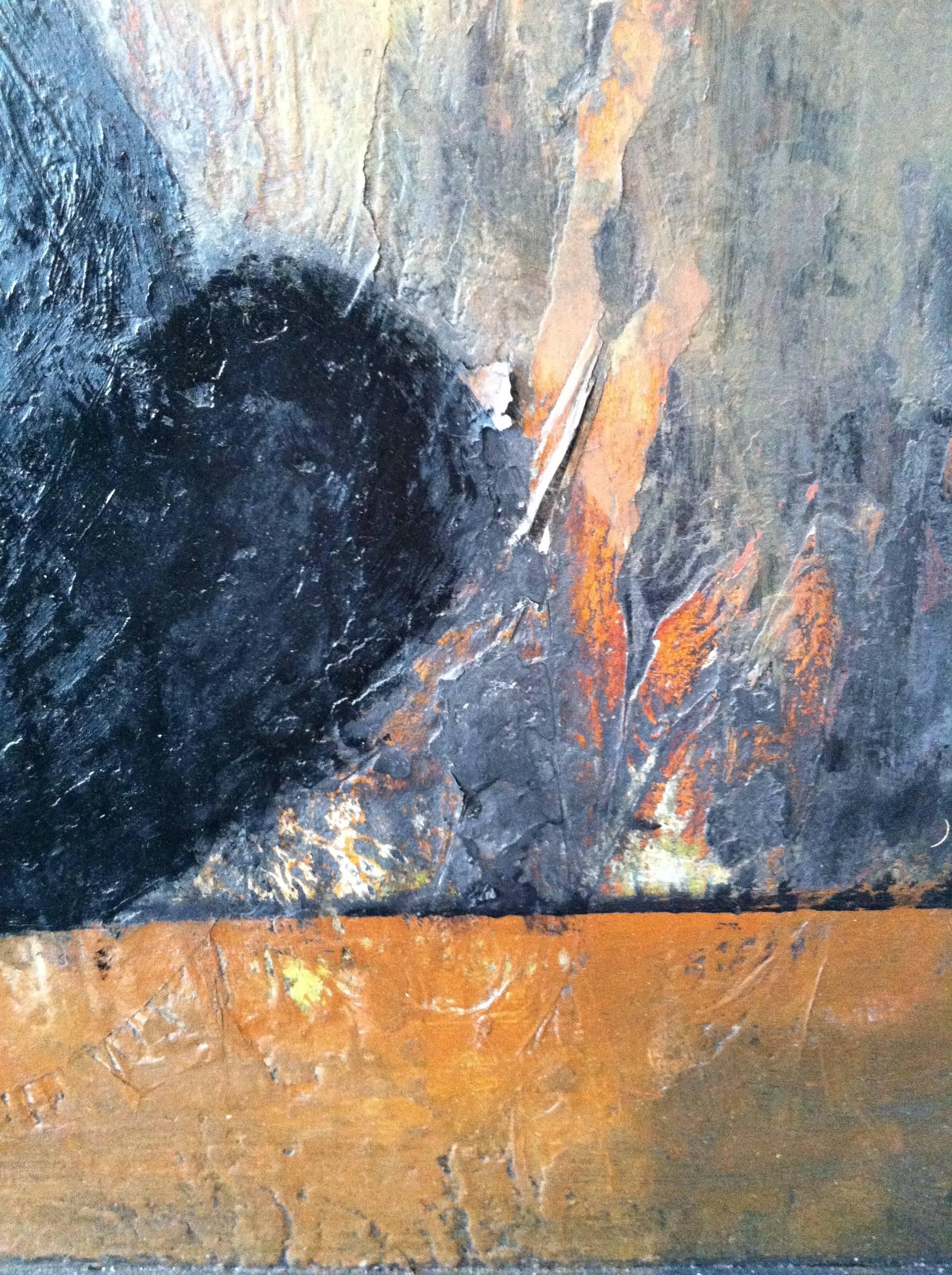 Although primarily an abstract, this painting foregrounds a black figure that may be described as having Buddha-like proportions, or a Sage. Above this, also centered, is a textured circle in a smoky blue.  Below and underneath there are highlights