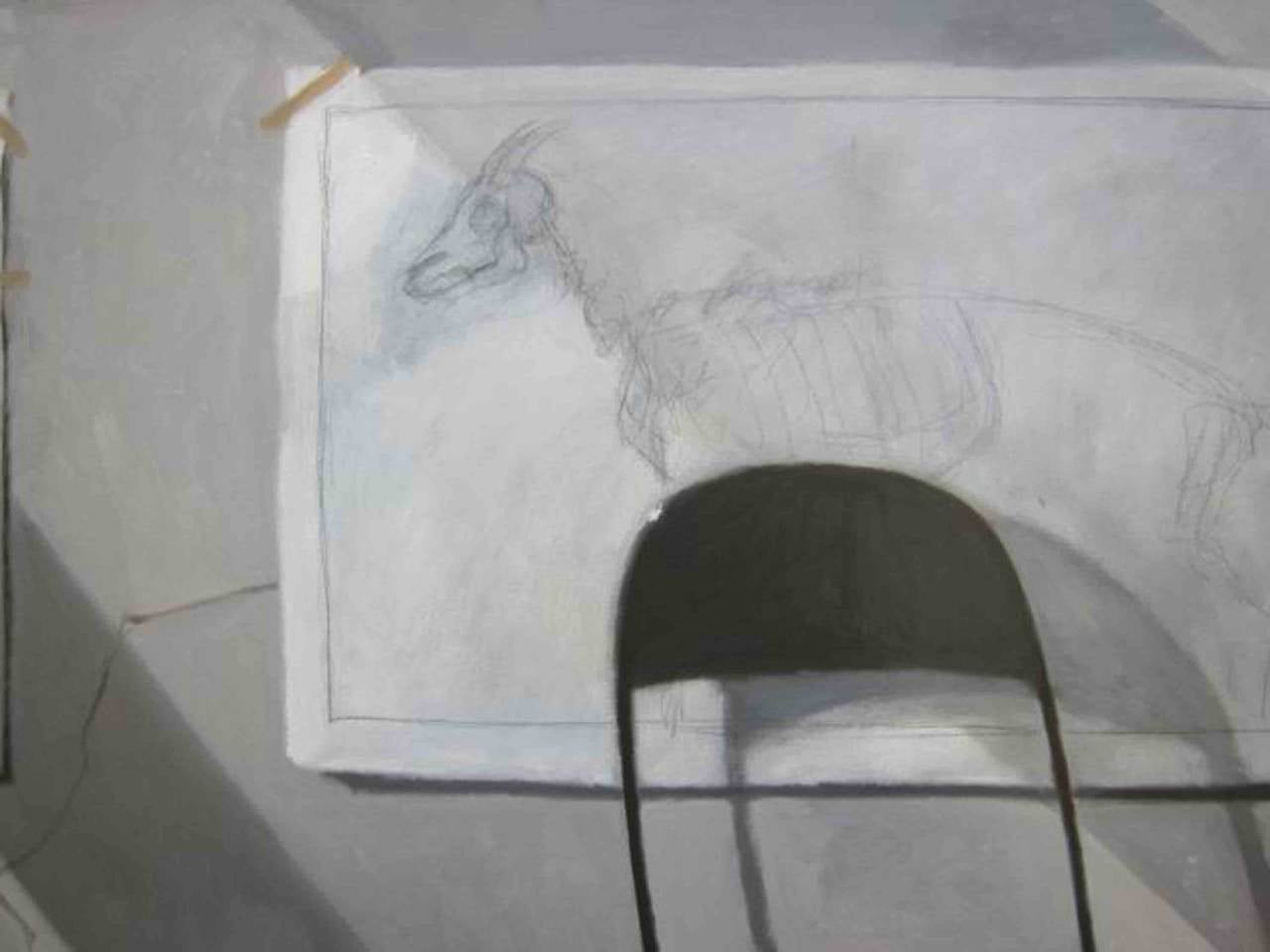 American realist painting by Pacific Northwestern artist Norman Lundin.  
Folding chairs in the artist's studio with sketch taped to wall. 
This work likely dates from the late 1980s.
It is in perfect condition and housed in a simple unfinished wood