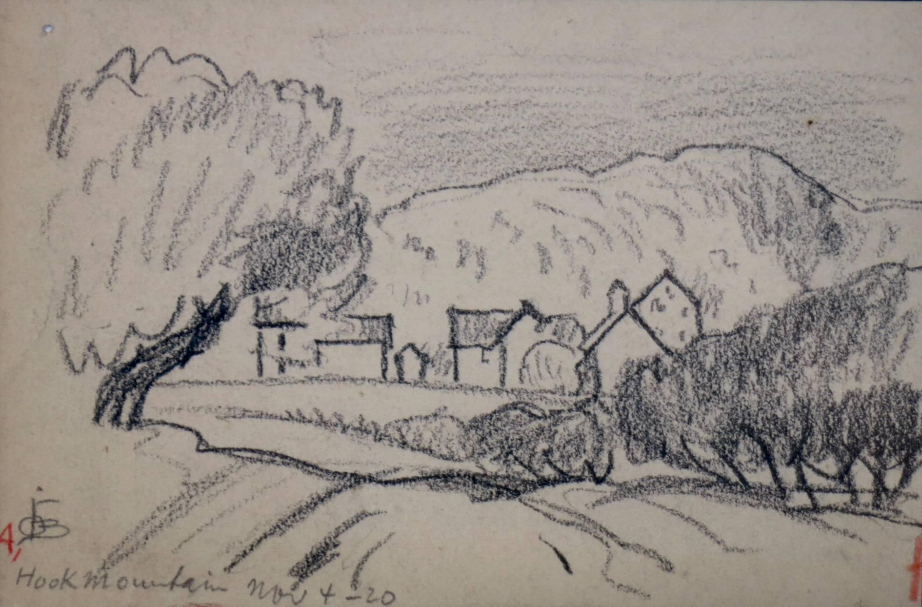 Modernist drawing on paper of houses in a landscape in Hook Mountian, New York by German / American artist Oscar Florianus Bluemner, (1867-1938).
Titled 'Hook Mountain, Nov 4 - 20'.

Oscar Bluemner was an important early American modernist artist