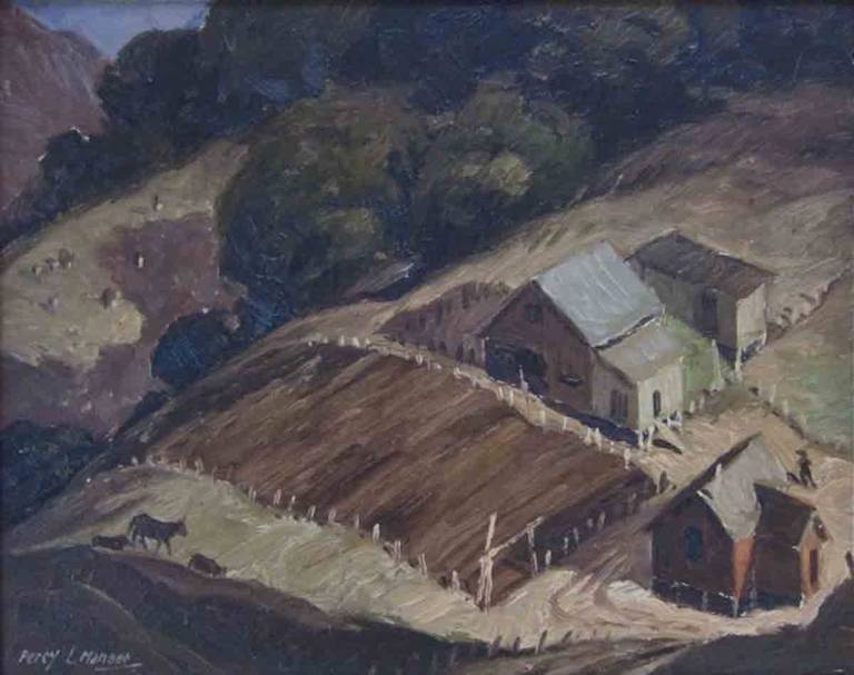 Percy L. Manser Landscape Painting - Untitled - Oregon Hillside with Farmhouse