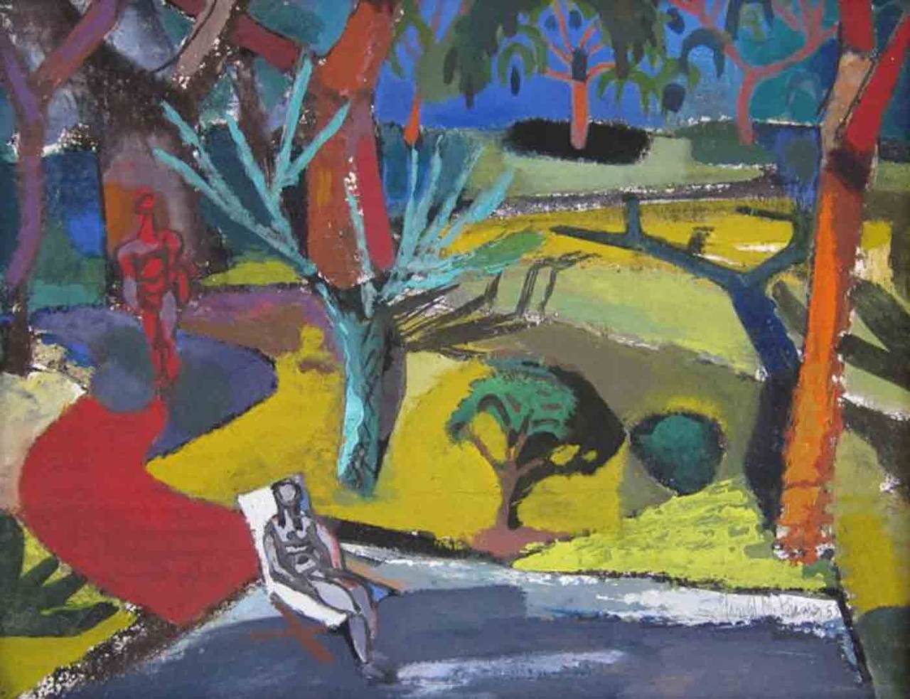 Harold Mitchell Kramer Landscape Painting - Modernist painting of figures in a California landscape