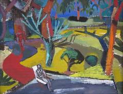 Modernist painting of figures in a California landscape