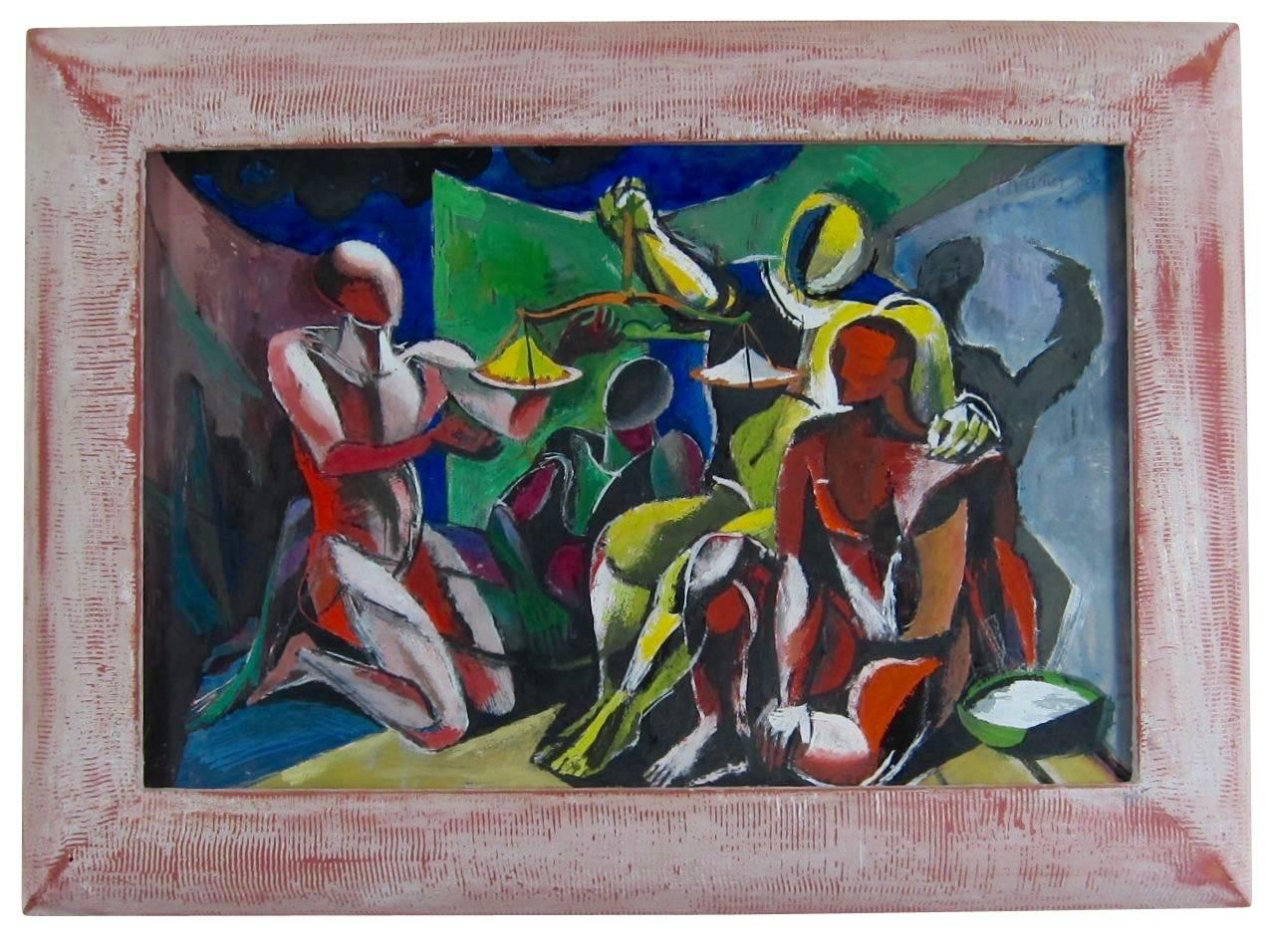 Abstract figurative paiting - Weighing Things Out - Painting by Harold Mitchell Kramer