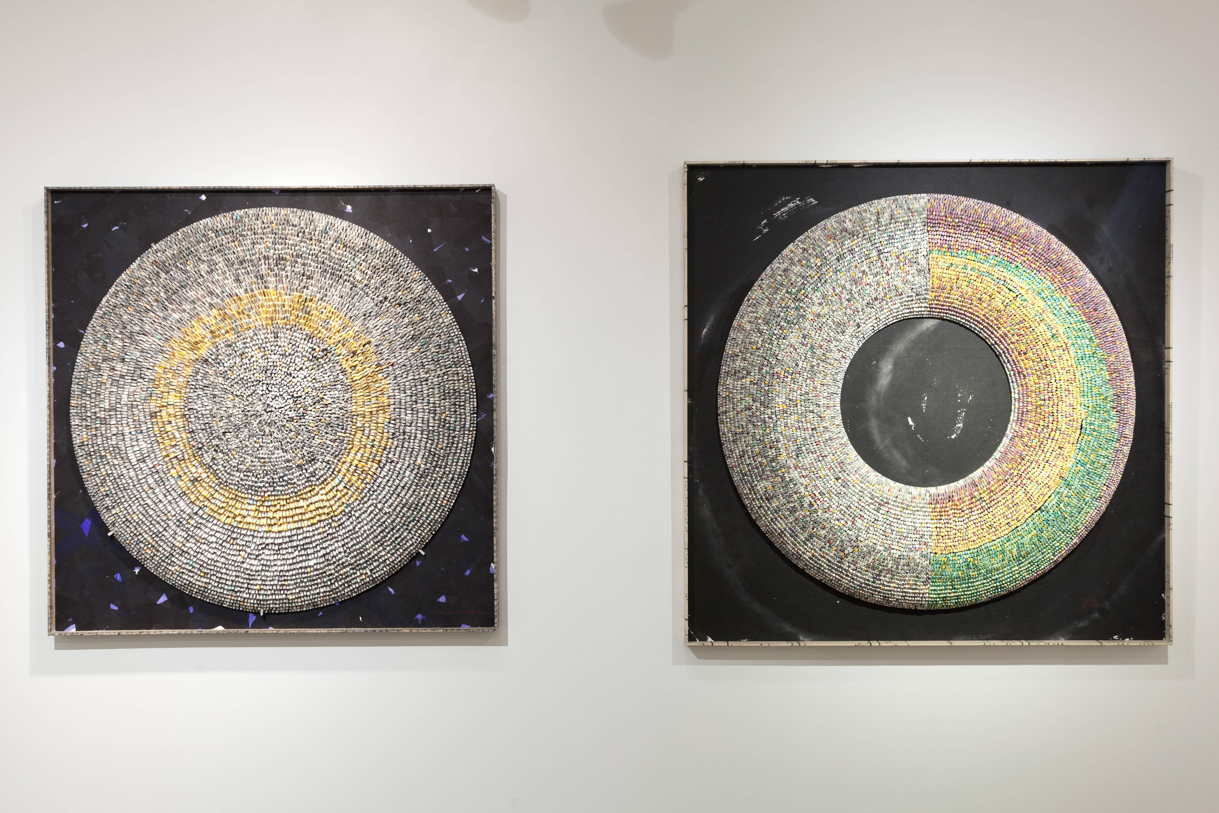 Circle. Round. Contemporary Korean art. Natural colours. Black background. 
Thousands of prayers are rolled and laid out in mathematical sequence. Resembling scrolls of knowledge, this work by Suh is the collection of contemplation of prayer and