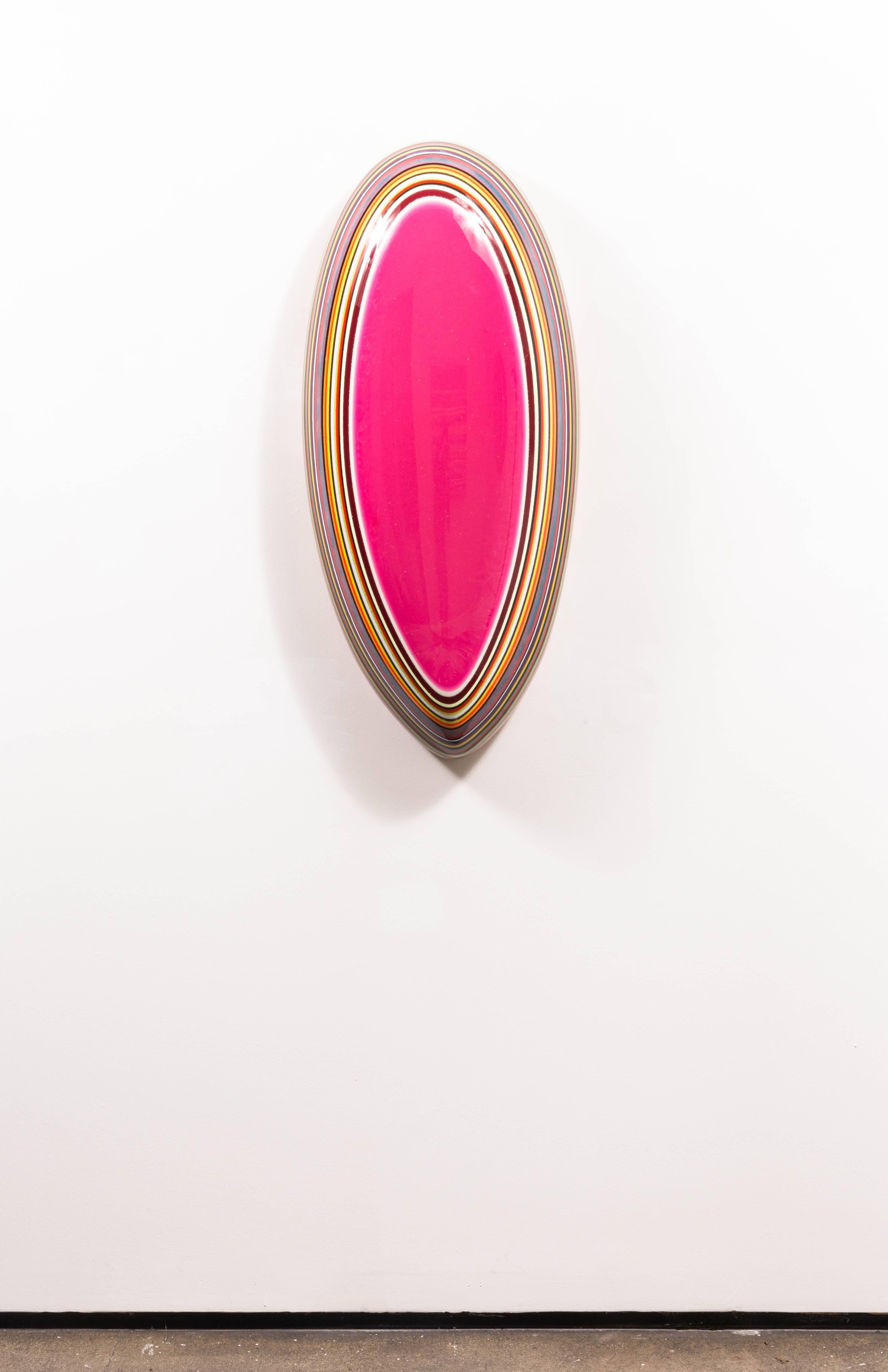 Resin on wood 39.2 x 17 x 8.2 inches (100 x 43 x 21 cm)
Droplet, oval sculpture in hot pink, mounted in tropical wood frame. Multi-colour resin layers. 

Presenting a dichotomy of weight and levity, the work of Schmitz-Schmelzer transforms