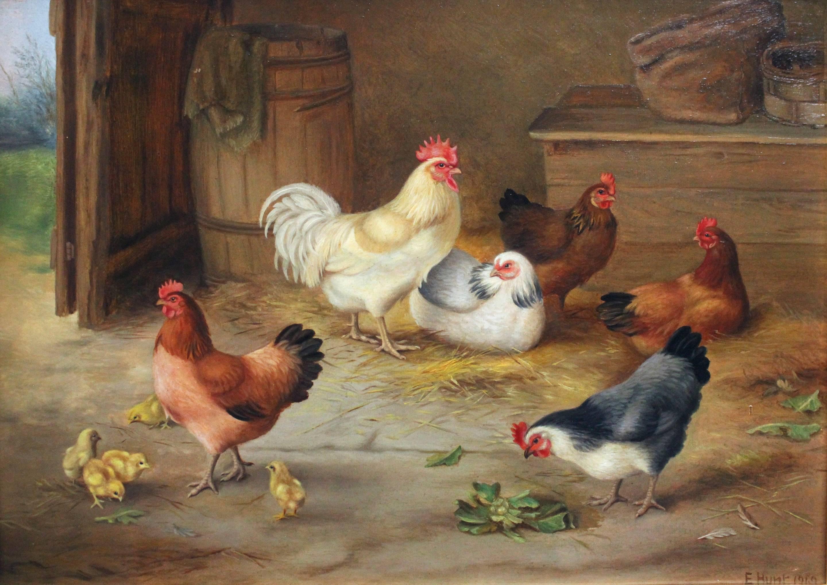 Edgar Hunt Interior Painting - Chickens in a Barn